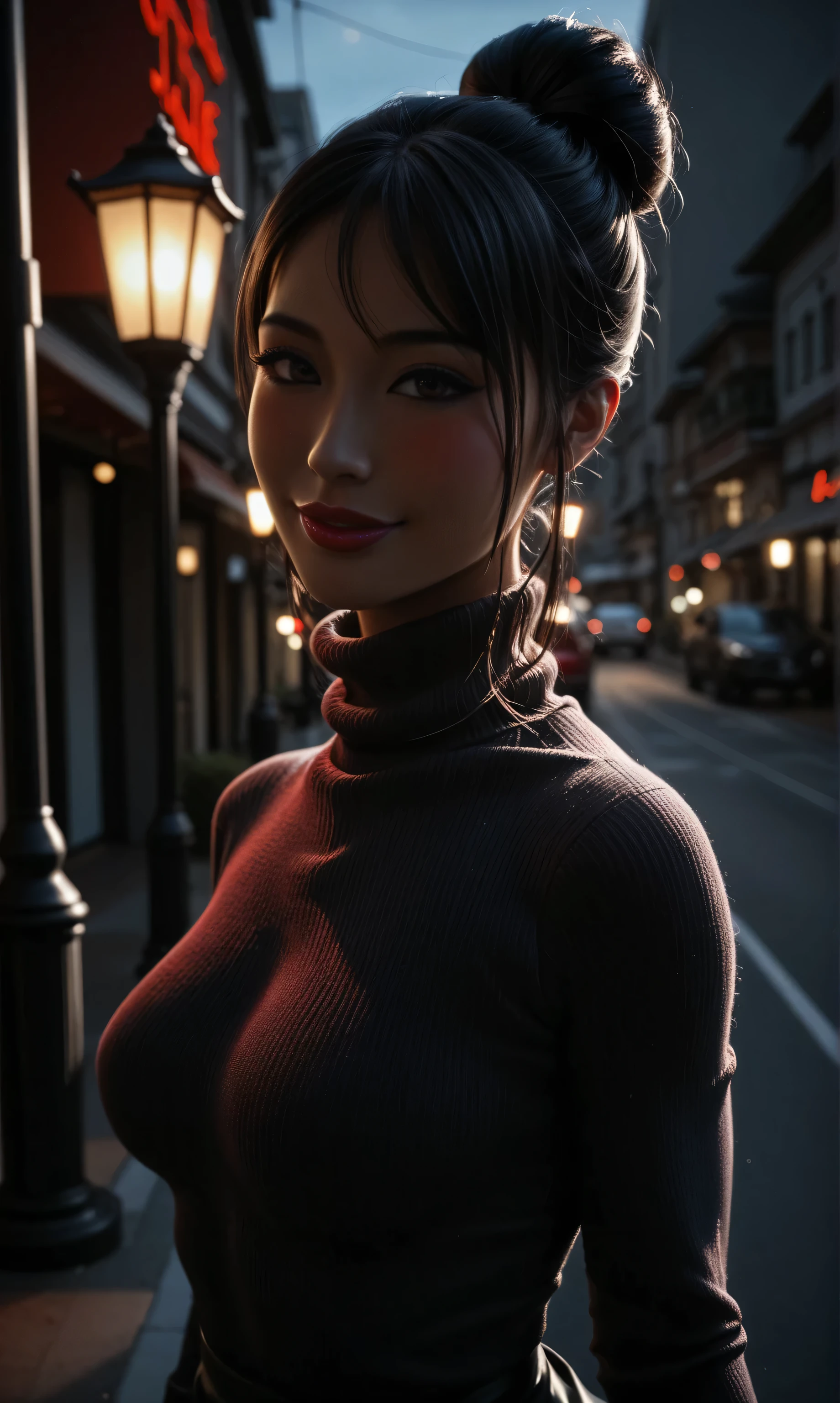 score_9, score_8_up, beautiful__asian solo girl,side view walking, street lights , pov across, evening, (very tight sweater )(long skirt black) (length hair bun with ponytail:1.1), medium breasts, darkredlipstick, appreciative blushing smile , toned body, , red fingernails, widehips, full lips, long eyelahses,k