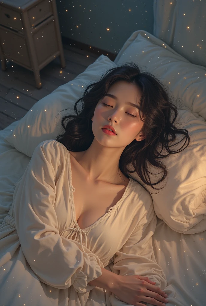 a sexy girl,long wavy hair,oversized clothing,bare shoulders,sitting on bed,night time,candles lit,(best quality,4k,8k,highres,masterpiece:1.2),ultra-detailed,(realistic,photorealistic,photo-realistic:1.37),soft lighting,vibrant colors