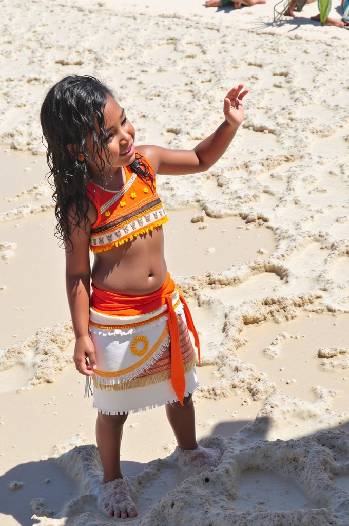 An Indian Brazilian child girl with curly hair, wearing a headdress a straw outfit, black eyes, standing in an Amazon rainforest.