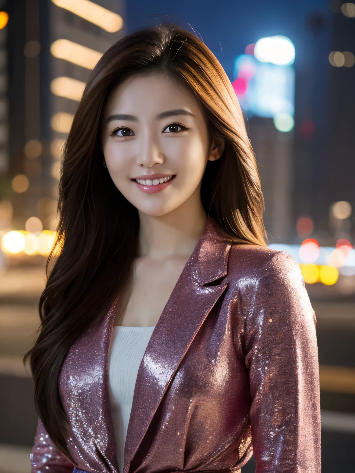 highest quality, full body, waist shot, masterpiece, dark eyebrows, ultra high resolution, realistic, very detailed, professional lighting smile, eagle nose, semi-long hair, random body orientation, background on urban city,