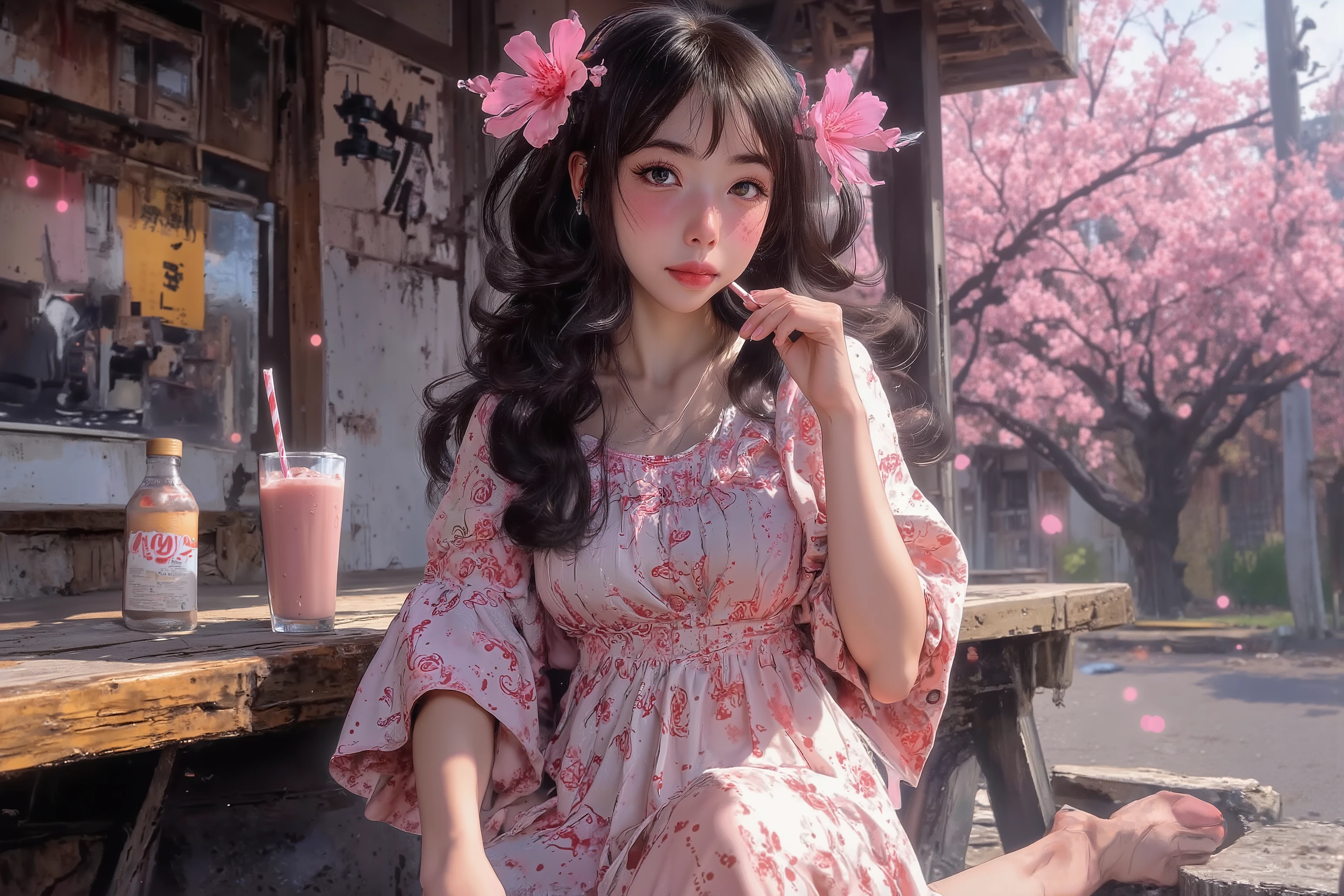 A cute woman (age 20, cute, cherry blossom themed summer dress, cherry blossoms in her hair, bare feet), she has a cherry glow as she contentedly sucks on a milkshake. A gentle breeze blows with cherry blossoms in the air, the back ground transitions from the simple mochi and ice cream shop she is sitting at to a lovely cherry orchard in bloom, art style of Niji