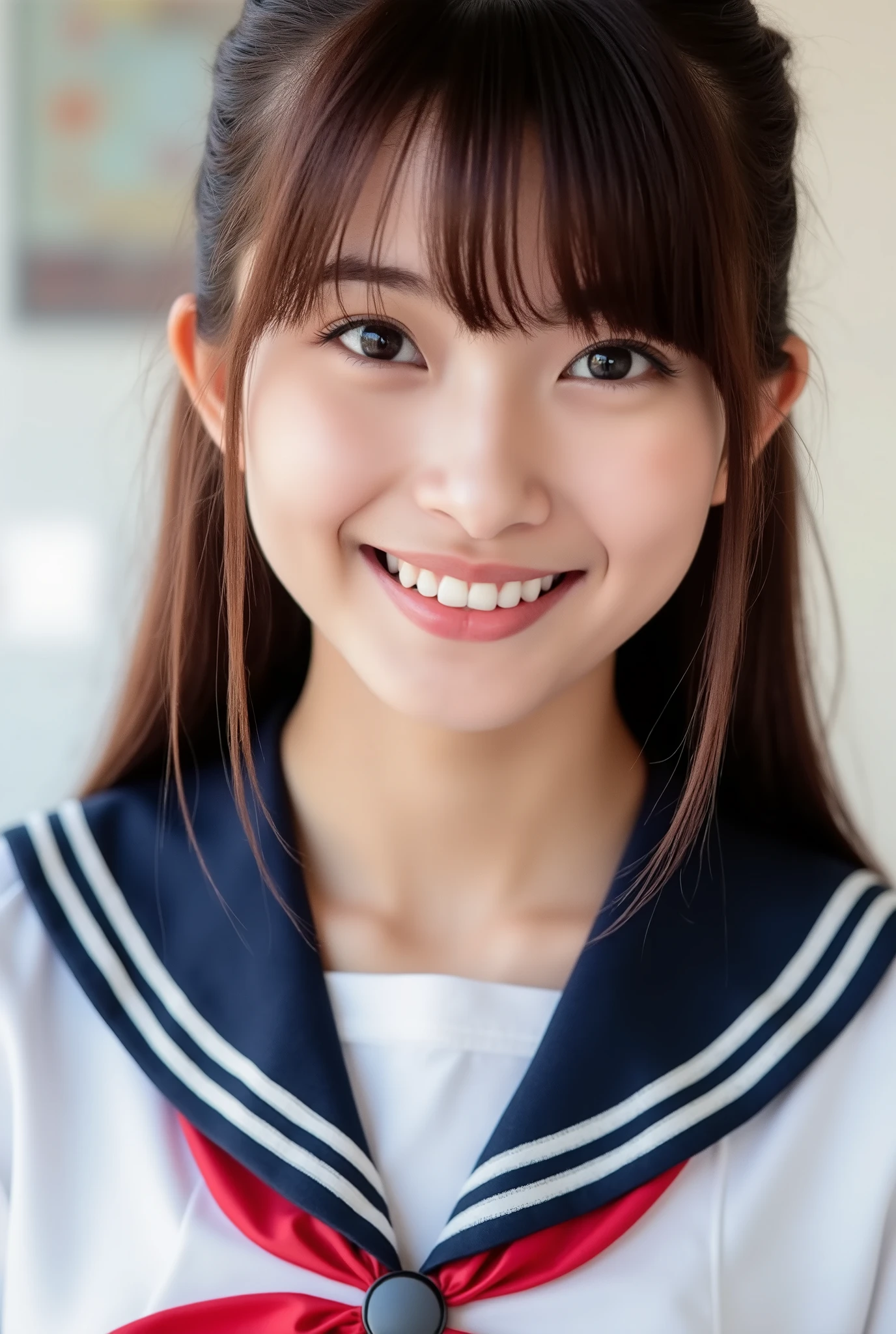 A beautiful girl wearing a Japanese navy blue sailor school uniform、16 years old、(((Leave the hem of your clothes outside)))、black hair、ponytail、((No bangs:1.2))、((put out one's forehead))、I love you、Moist eyes、Spinning、protruding tooth、