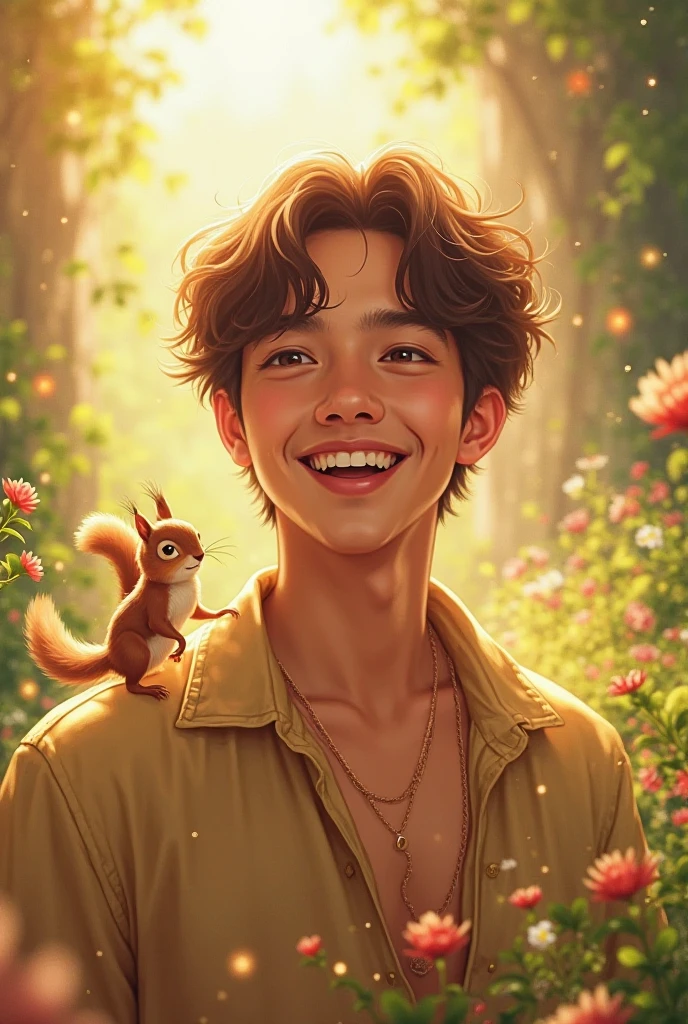 best quality,1boy, adult face, smile, cute, natur background, a Squirrel on his shoulder
