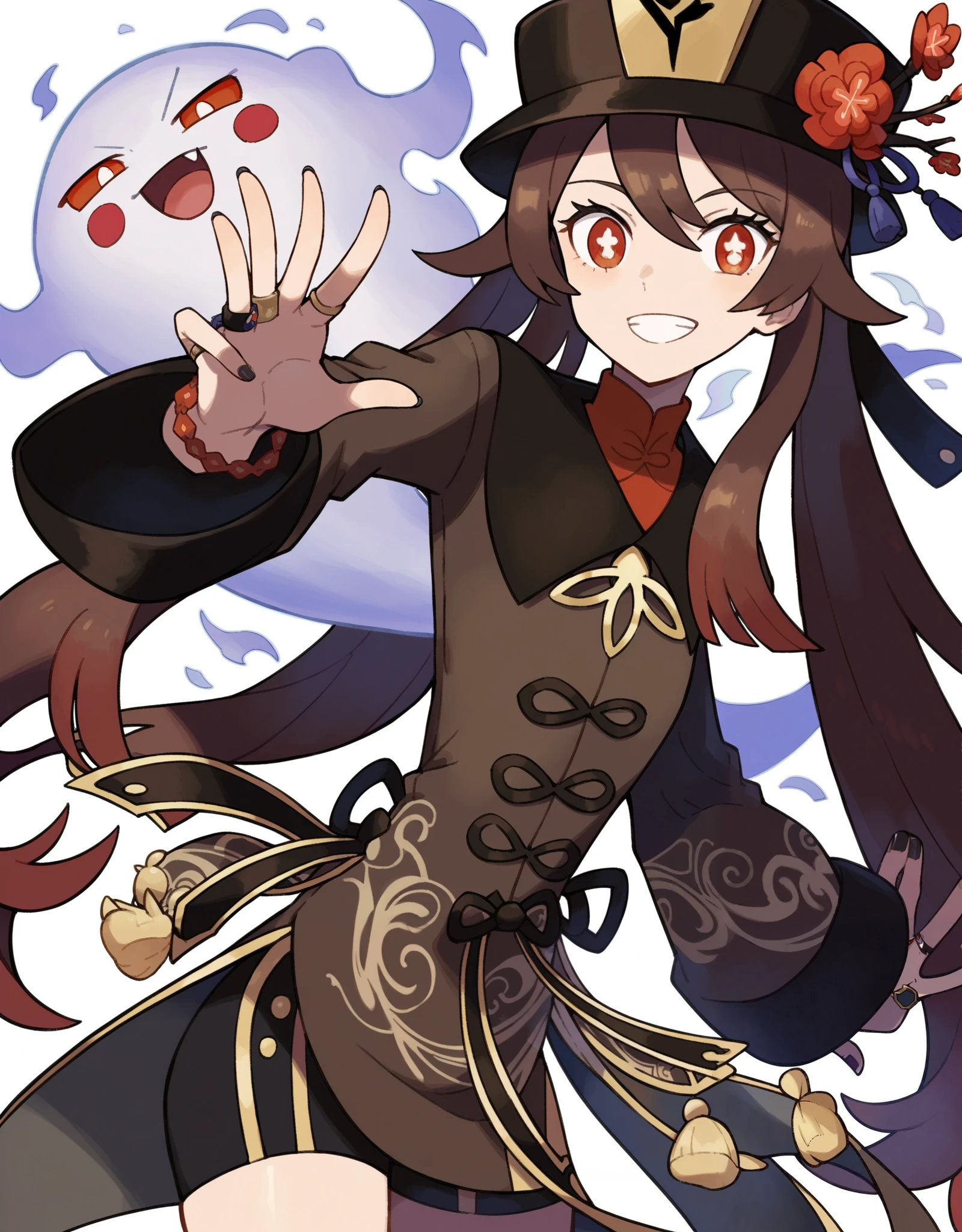 score_9, score_8_up, score_7_up, Hu Tao, pokemon pokemon_(anime) pokemon_journeys pokemon_sv pokemon_bw2 1girls score_9, score_8_up, score_7_up, pokemon pokemon_(anime) pokemon_journeys pokemon_sv pokemon_bw2 1girl, from belowAnime girl, long dark brown hair, crimson tips, red eyes, black hat, red flower, gold emblem, Chinese-inspired outfit, red and gold patterns, ghostly flames, spectral energy, moonlit mist, playful, mysterious, ghosts