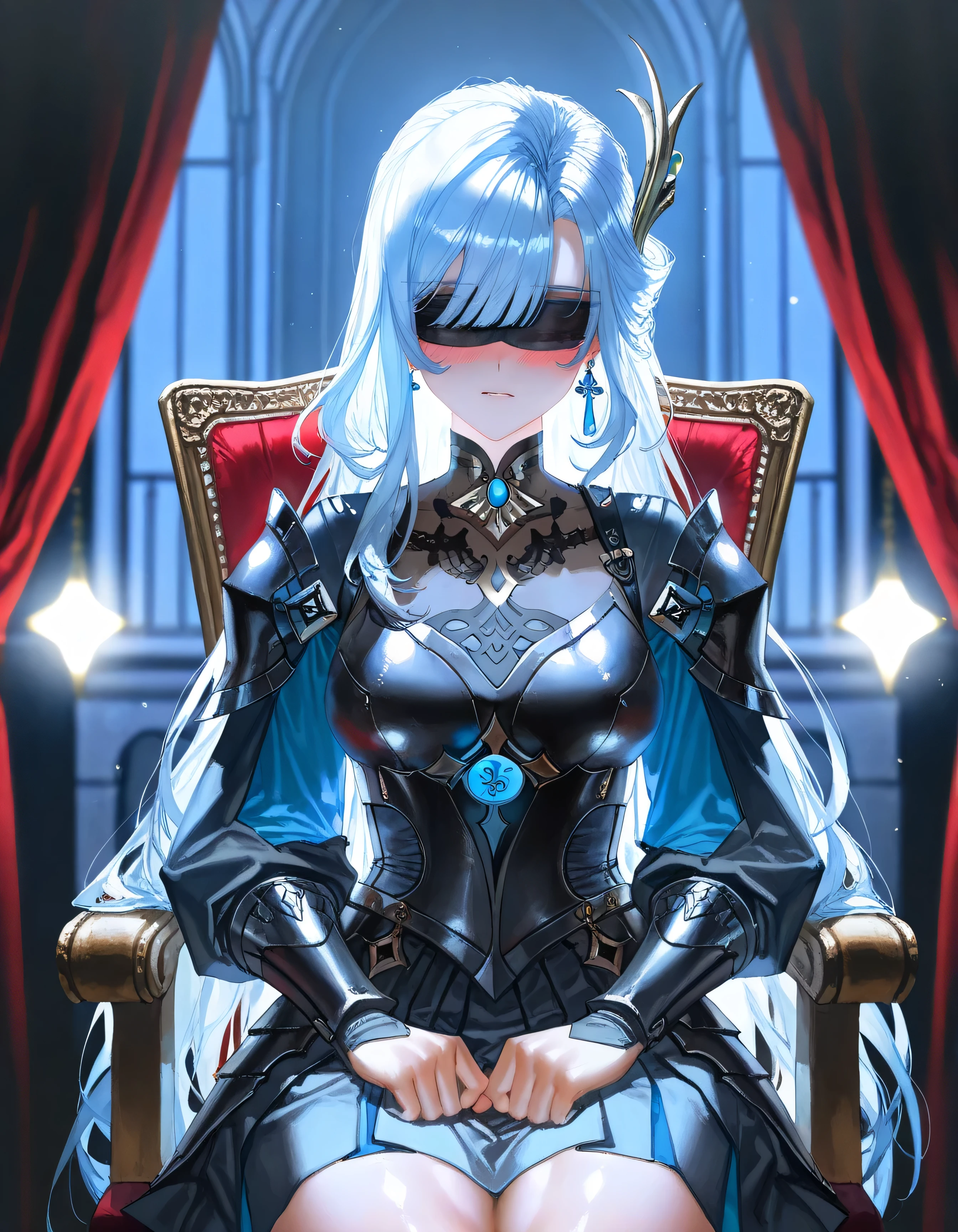 (artist:quasarcake:1.1),(artist:reoen:0.826446),(artist:rhasta:0.9),(artist:wlop:0.7),(hiten \(hitenkei\):0.6), blurry foreground, ray tracing, absurdres, 1girl, solo, adult, woman, mature female, long hair, white hair, hair strands separated to the back, straight bangs, fringes, hair split in between eyes, blue earrings, black blindfold, loving facial expression, blushing, shiny skin, medium breasts, Genshin Impact:( wuxia black armored dress, armor dress, armor skirt, wuxia sleeves), blue hair pin on the back of hair, looking at viewer, nighttime, outside, medieval school background, sitting on a chair, noble room, curtains behind, perfect anatomy, perfect body, fit body, sexy body, feminine hands, beautiful hands, beautiful lighting, beautiful shadows, dark atmosphere, lights particles, dusty air, masterpiece, best quality, amazing quality