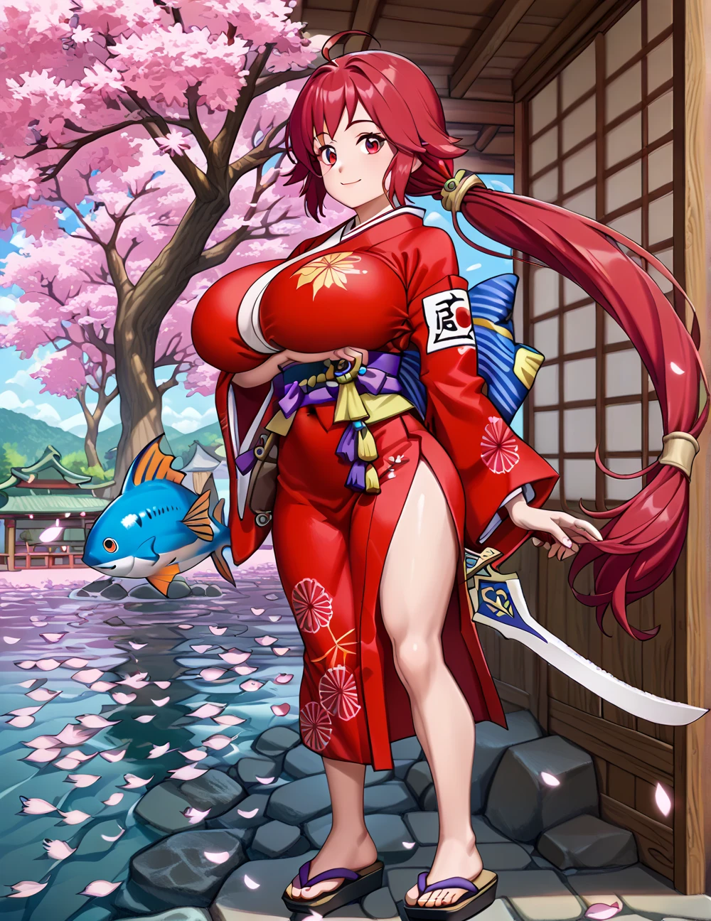 (best quality,highres,masterpiece),Nishikino maki, purple eyes,breasts, looking_at_viewer, blush, bangs, large_breasts, hair_ornament, thighhighs, flower, heart, thighs, cowboy_shot, japanese_clothes, shiny, white_thighhighs, leotard, fingernails, shiny_skin, sash, tattoo, skindentation, highleg, thick_thighs, obi, ribbon_trim, highleg_leotard, legs_together, ribbon-trimmed_legwear, obijime, tomoe_(symbol), mitsudomoe_(shape)