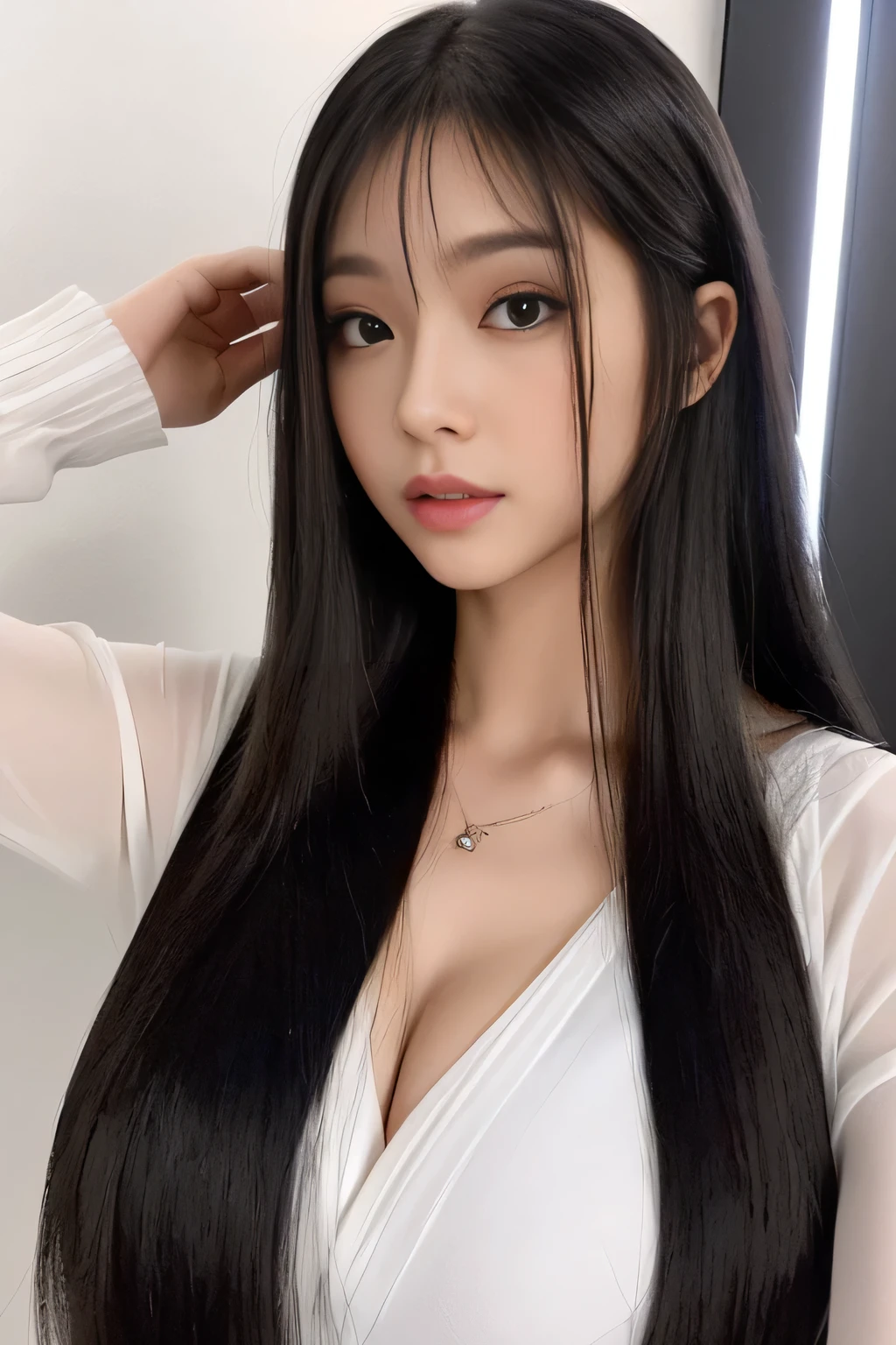 Kim Jennie con el cabello negro oscuro, con rulos en las puntas del cabello negro oscuro, con un ganchito de estrella en el cabello negro oscuro, ojos de color claro, ojos bonitos, ojos llorosos, nariz bonita y respingada, labios bonitos, labios rosas, heart and cupid shaped lip, piel bonita, pale, piel blanca, con lunares y pecas en todo el rostro, rubor rosa suave en las mejilla, rubor rosa natural, dark and gothic makeup, Jennie gotica, mientras ella esta con un chico lindo a su lado, with a cute asian boy standing next to her, mientras hay un torso de hombre, mientras el hombre'His hand is on his jaw.., manos bonitas de hombre, with a gothic boy, cuellos bonito, cuello marcado, frown, mirada enojada, con un collar de beso, un collar bonito de beso, mientras sus pezones son notorios (pechos grandes, pechos suaves, pechos bonitos, pechos naturales), con un vestido blanco, vestido corto y transparente, visible on the nipple, con un chico a su lado, con su novio, mirando a la camara, autofoto