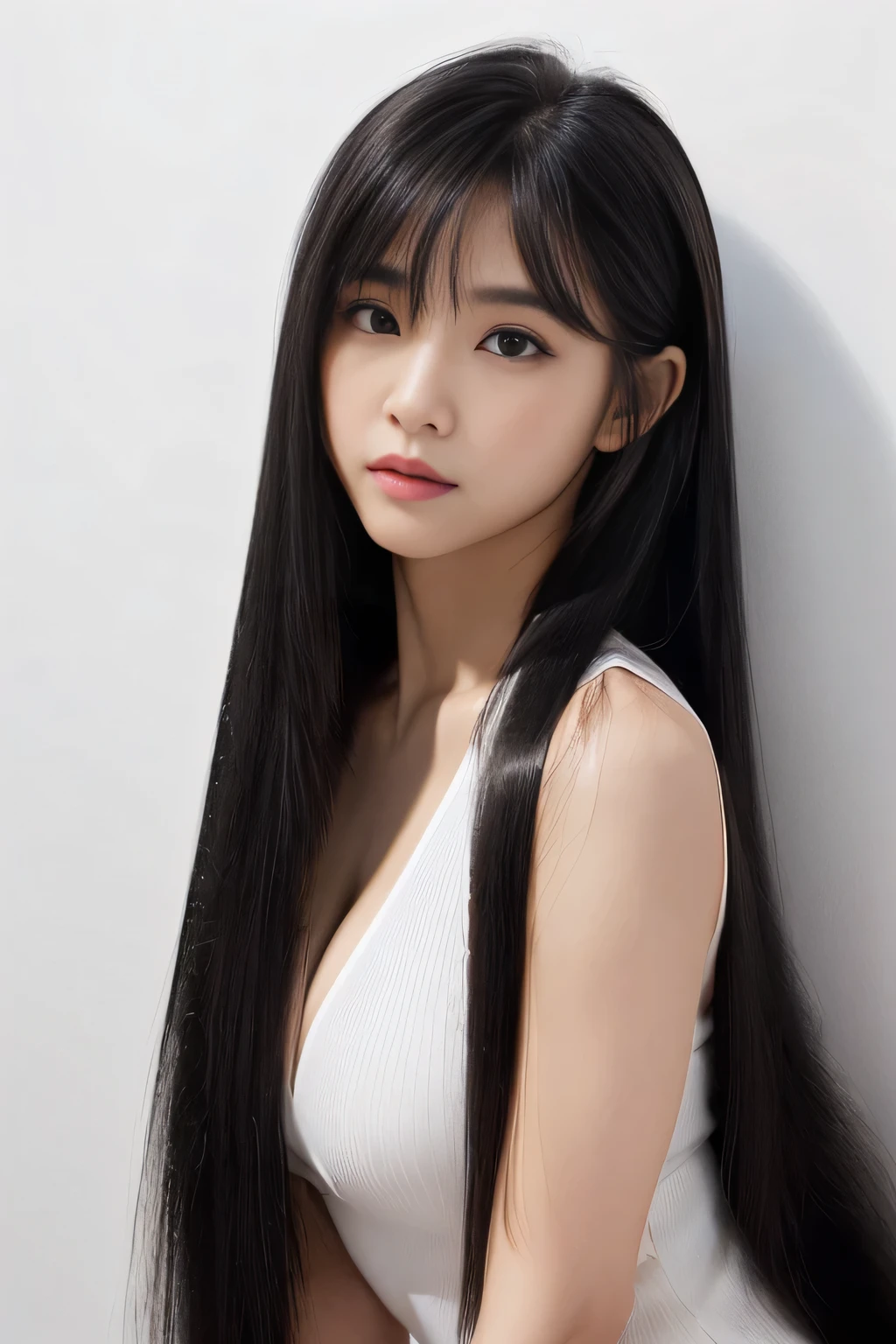 Create an ultra-realistic image of a 21-year-old Japanese woman named Kotone against a white background. She has extremely long, perfectly straight black hair that flows down to her waist, with blunt bangs that cover her forehead. Her eyes are large, enchanting, and have double eyelids with sparkling black pupils, giving them a captivating and youthful appearance. Her face is delicate and innocent, with very thin eyebrows that frame her large, childlike eyes. She has a small mouth with sexy lips, and her skin is smooth and flawless, resembling snow in its pure white color. She has a slender and well-proportioned body with a shapely bust size of 95 cm, a height of 158 cm, a weight of 43 kg, an ideal waist size of 58.46 cm, and an ideal hip size of 86.73 cm. Her complexion is flawless, without any wrinkles, and her natural makeup enhances her features subtly, maint