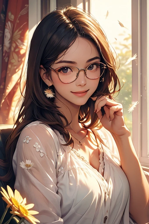 ((best quality)), ((傑best quality、masterpiece、high sensitivity、high resolution、detailed description、describe a delicate face)),((Slender Woman、wearing glasses)),Open the window 、Look up at the clear sky、dandelion fluff flying in、with a radiant and gentle smile、
