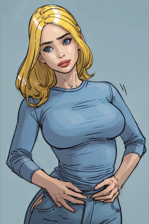 woman thin, elegant white dress, blondy hair, blue eyes, busty. Blue low-cut t-shirt. Comic style.