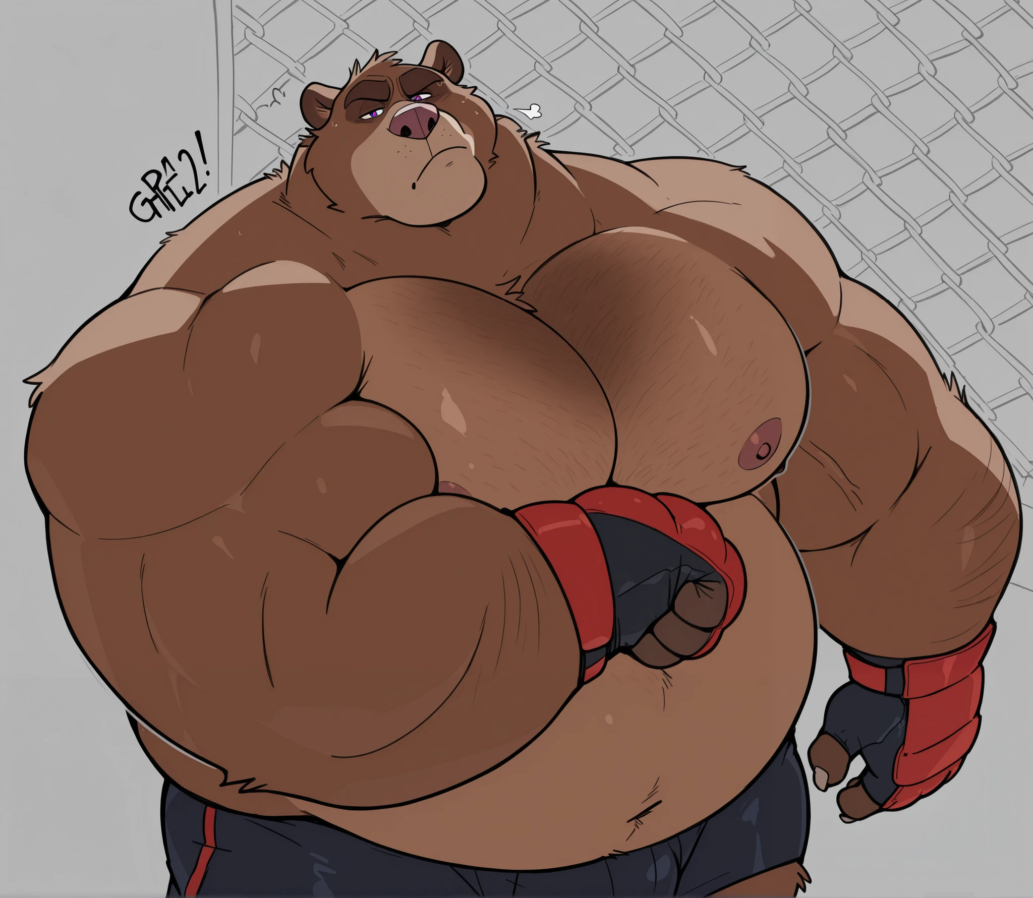 Solo, 1boy, Muscular Old, grunting, frustration glare, focus, look at viewer, wide shoulder, pectoral, thick arms, huge pectoral, wide pectoral, height: 220cm, weight: 440lbs, a Kodiak brown bear in an MMA shorts with red slits wearing an MMA gloves with red knuckle pads and an ankle support brace as he workouts in the gymnasium warehouse, Walt Disney 2D Zootopia Animation Art Style,
