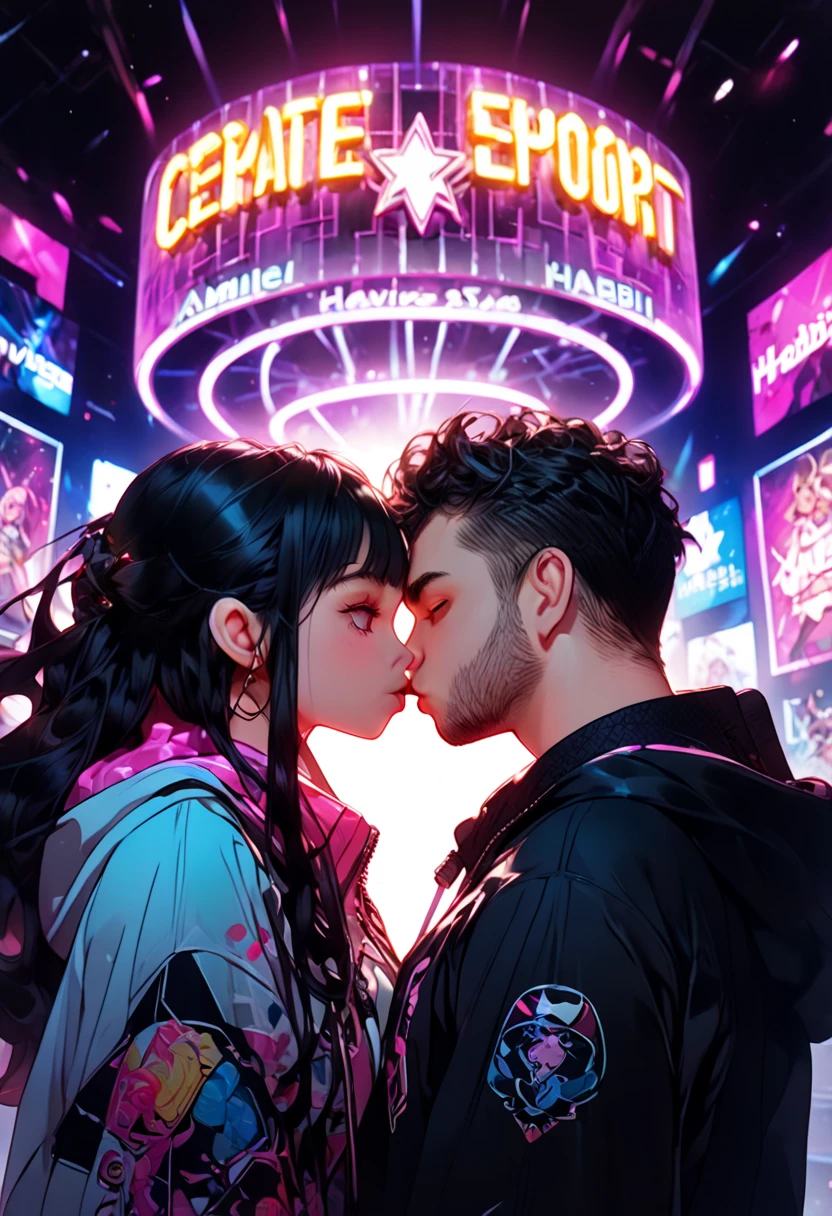 Cute redhead girl Kissing muscular men curly black Hair, Cyberpunk estile --auto --s2