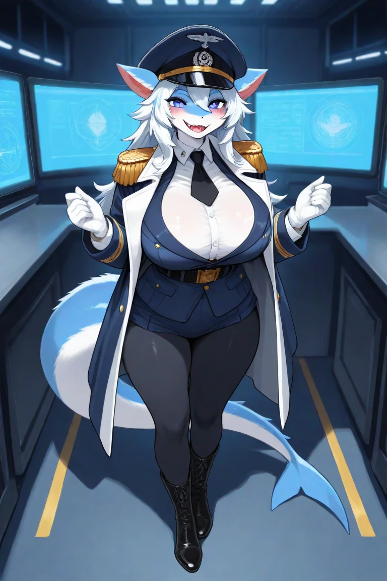 by bebebebebe, by goonie-san, by bigcozyorca, by buta99, solo, female, standing, feline, (((detailed eyes, black thick rimmed glasses))), plump, slightly chubby, big breasts, medium hair, ((snout)), tail, tuxedo cat, white hair, ((straight hair, medium hair)), yellow eyes, navy blue spacesuit with gold accents, gold shoulder pads