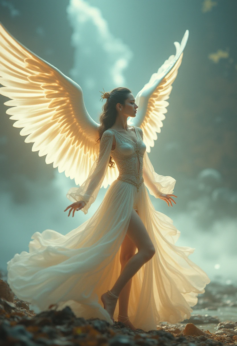 A color photo of a dance performance, beautiful angel face,realitic,set against a backdrop of a mystical forest. The dancer is wearing an elegant and flowing costume, with long trailing sleeves that resemble feathered wings. The dancer's movements are graceful and fluid, as if she is gliding through the air. The atmosphere is enchanting and ethereal. The photo utilizes specific camera settings, including a particular camera model, film type, and lens techniques. A collaboration of creative professionals from various fields will work together to uniquely capture the beauty and magic of the dance.
