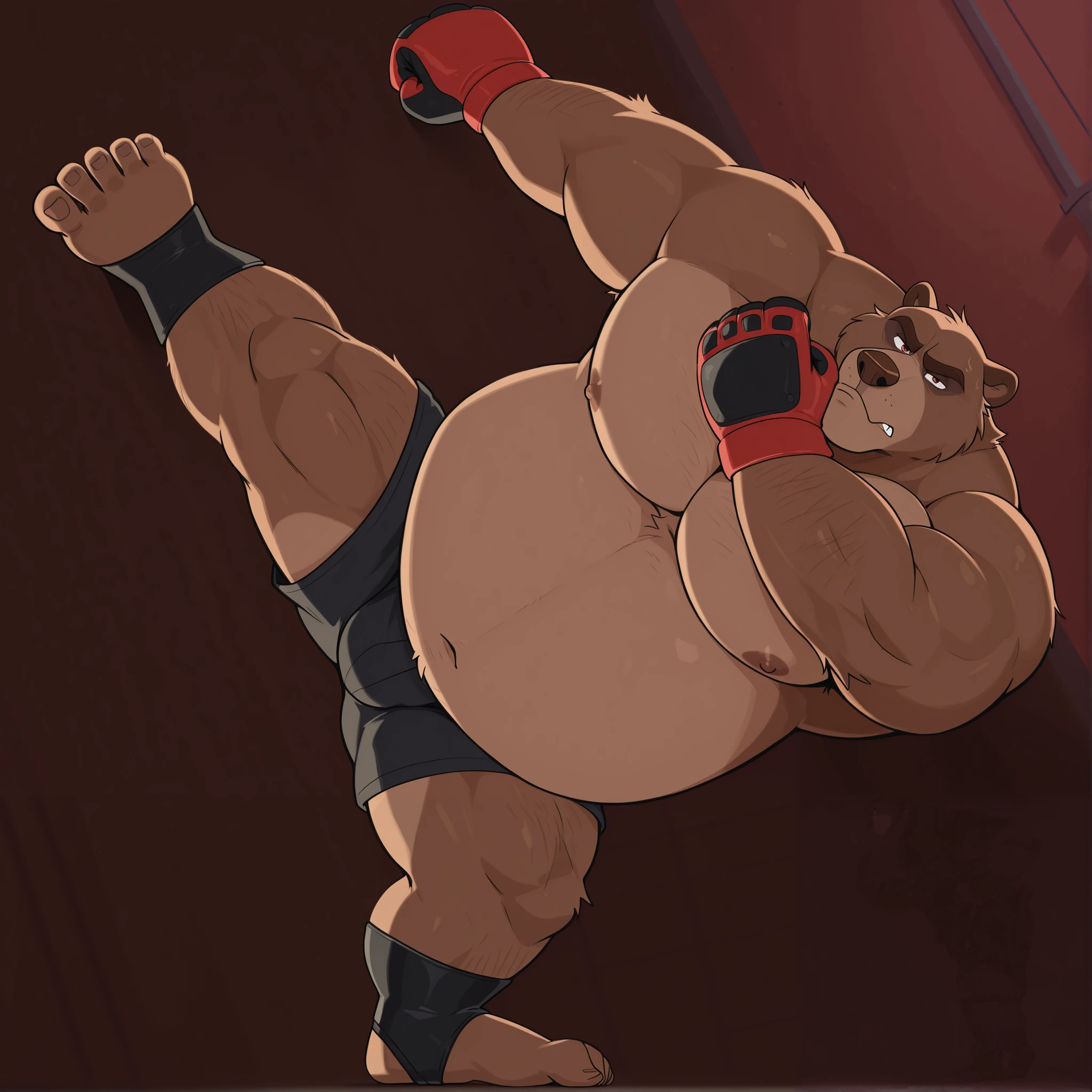Solo, 1boy, Muscular Old, grunting, frustration glare, focus, look at viewer, wide shoulder, pectoral, thick arms, huge pectoral, wide pectoral, brown nose, height: 220cm, weight: 440lbs, a Kodiak brown bear in a black MMA shorts with red slits, wearing an MMA gloves with red knuckle pads and an ankle support brace as he workouts in the gymnasium warehouse, Walt Disney 2D Zootopia Animation Art Style,