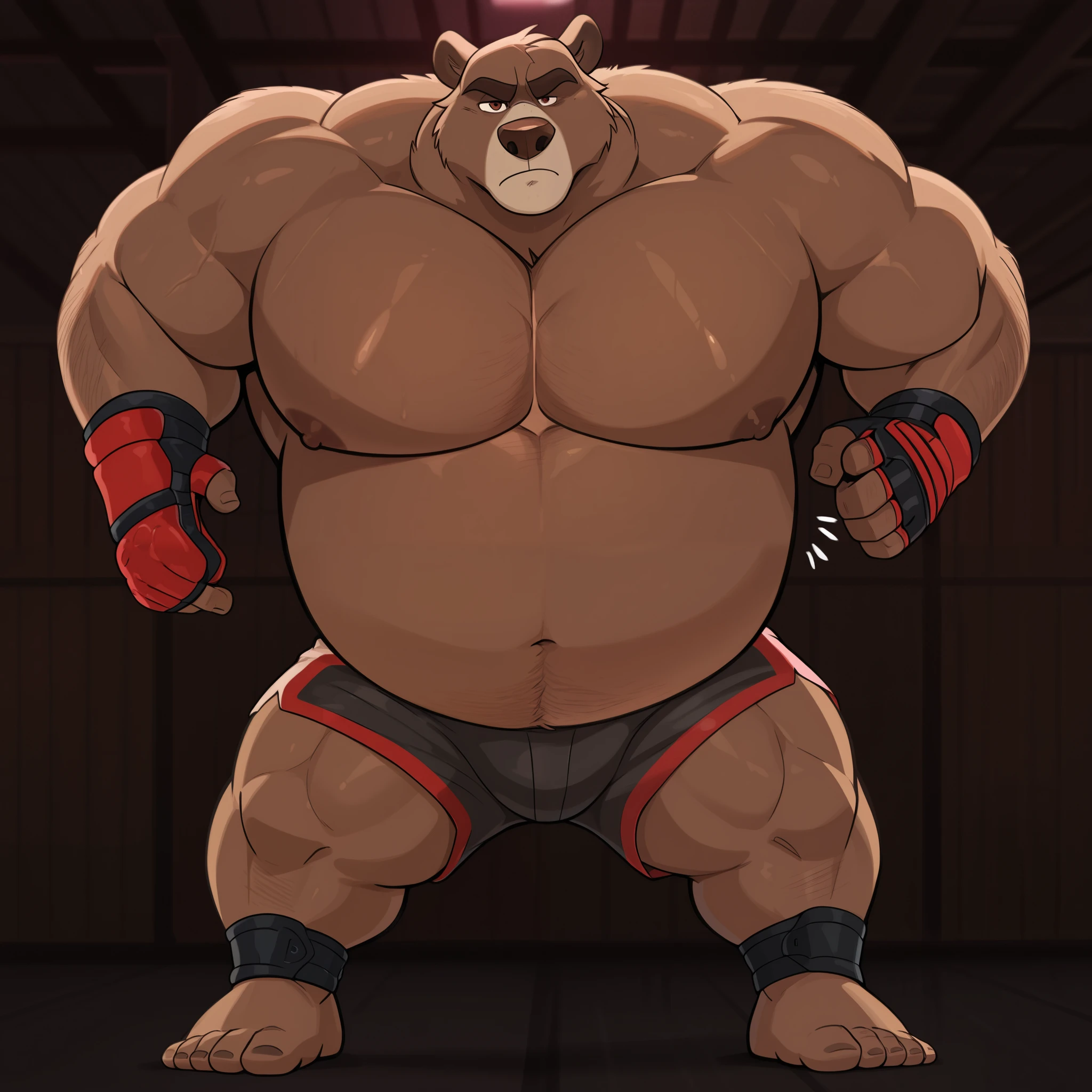 Baloo as the kickboxing MMA Champion, huge thick muscles, shirtless and topless, kickboxing gloves, MMA shorts, footwear, brown fur, correct anatomy, by Walt Disney