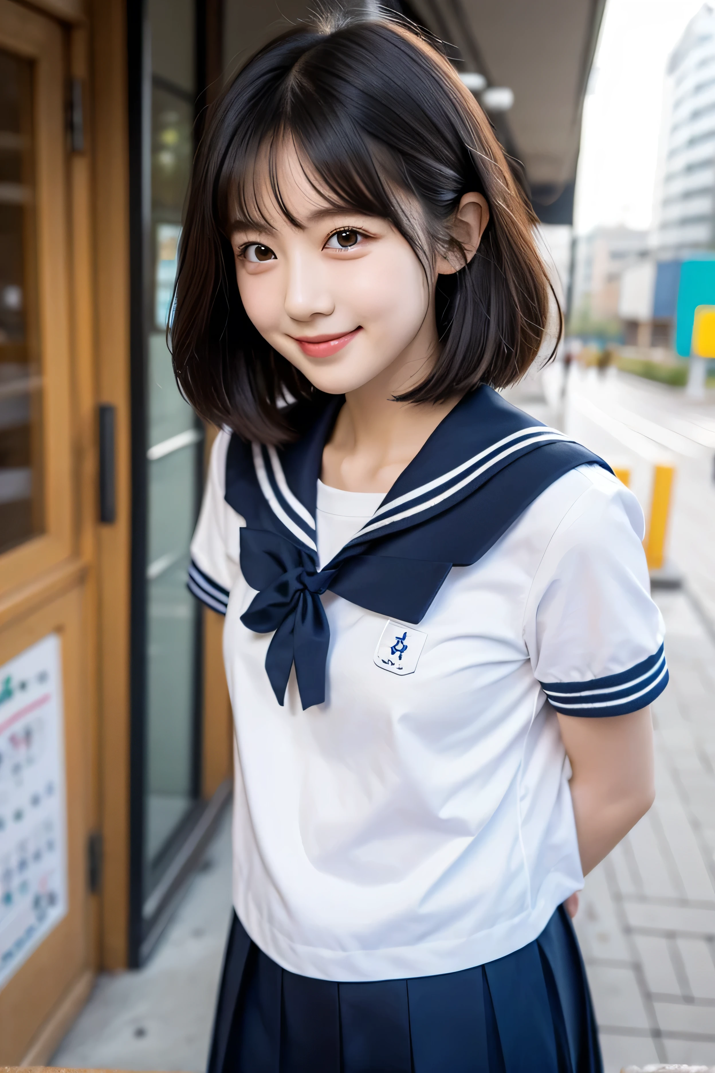 A typical normal kindergarten girl、sailor suit、smile、short hair、black hair、precise depiction、