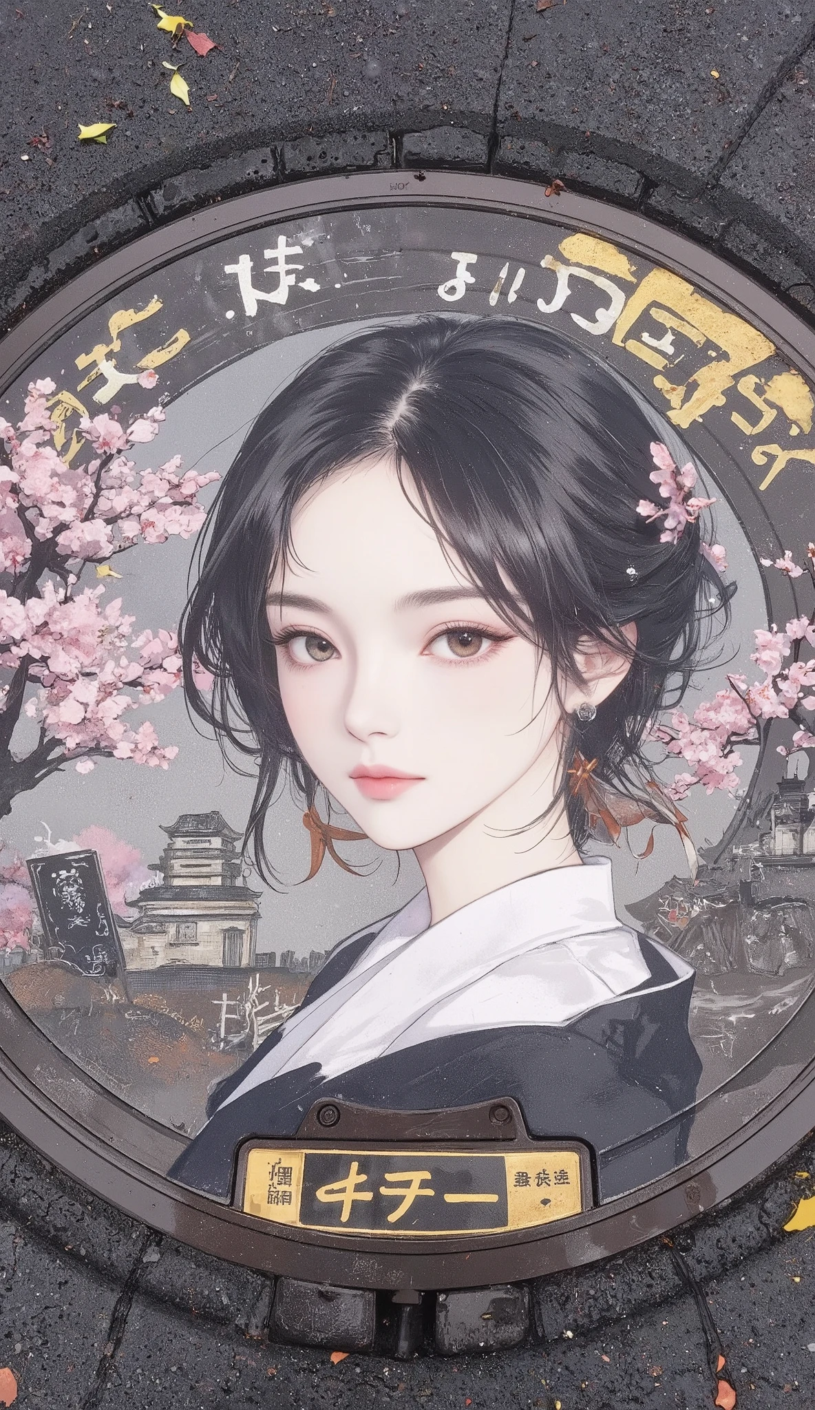 masterpiece, Best Quality,ultra resolution, perfect anatomy,  detailed face、minimalist manhole art、A woman is drawn on a manhole、Castle and cherry blossoms in the background of the manhole、Dramatic、dynamic、absurd、metaphysics 