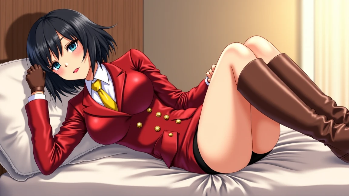 ((super high quality,))((Ultra-high resolution,))(16K,)(super masterpiece,)((Ultra HD ,))(Detailed shading,)Full body photo,One sexy mature woman,((Red collared shirt,popped Tight collar,))Folded sleeves,Black long gloves,(Glossy black pants, Black long boots,)Black hair straight short,Sharp Eyes,blush,Sexy smile,Cleavage,Cross Necklace,((Lying in bed,))Put your hands on your head,Sweaty,Spread your legs wide,A small amount of drooling,