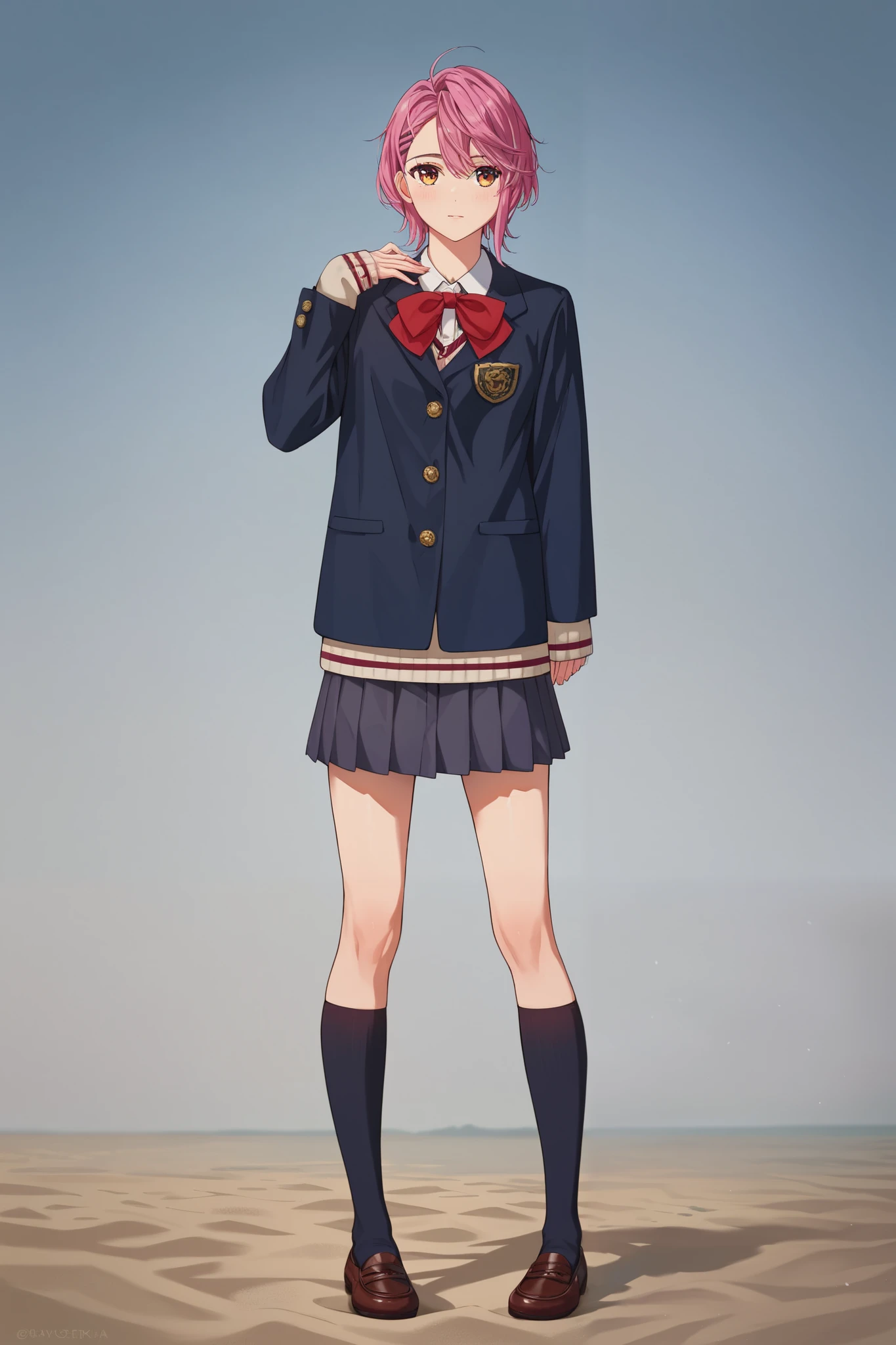 score_9, score_8_up, score_7_up, score_6_up, score_5_up, score_4_up, Shiratori Aira Dandan, short hair, pink hair, brown eyes, school uniform, red ribbon, skirt, sleeve（Up to the wrist ）, 1 girl, is standing, alone,  watching, masterpiece, high resolution, very detailed face, extremely detailed glowing eyes, Symmetrical High Detail Eyes, full body, foot, strand, sand, sea