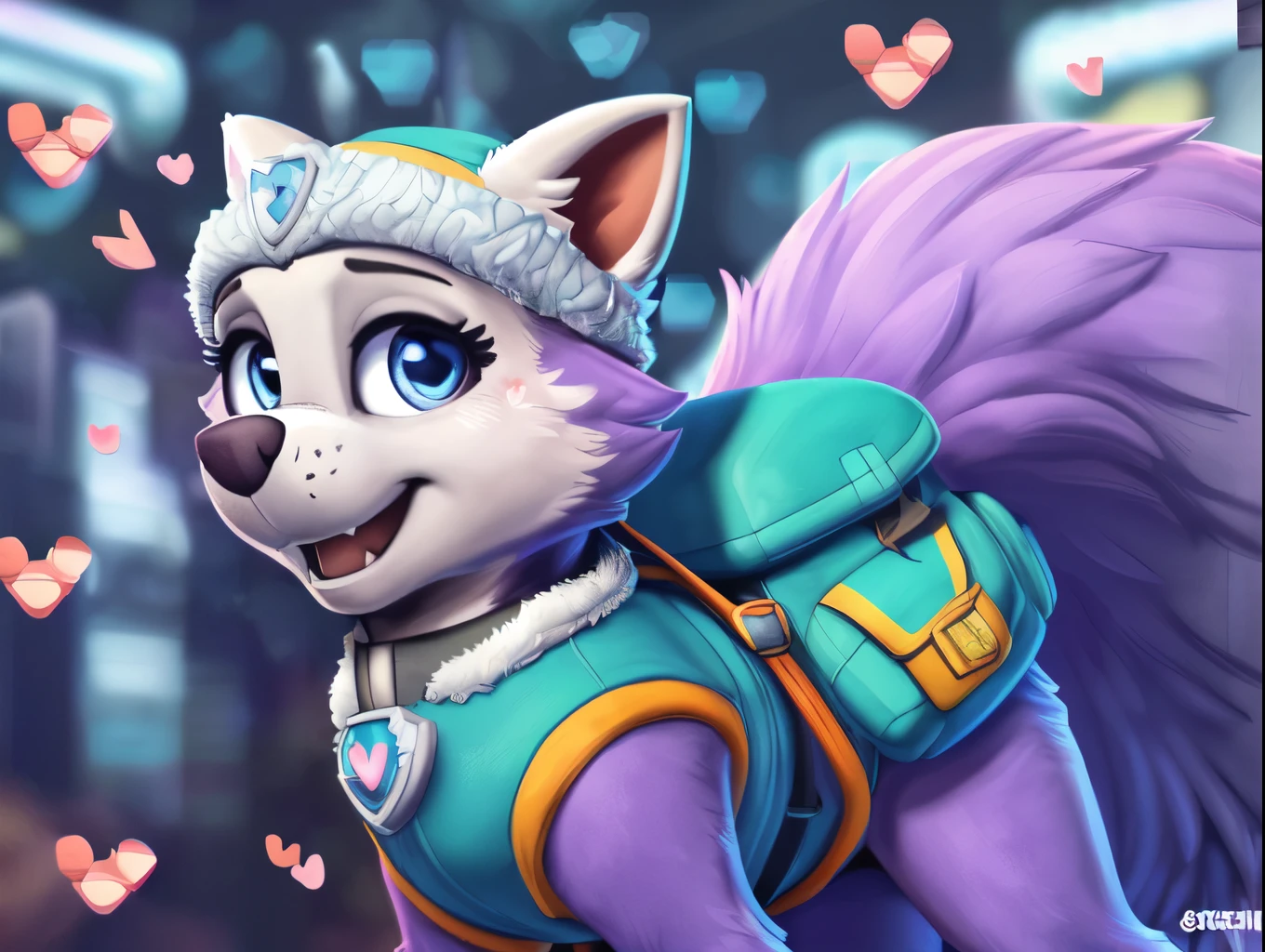 Everest, ((Paw Patrol)), ((female solo)), domestic dog, female, adult female, blue eyes, (((purple fur)), ((purple body)), (wearing Paw Patrol gear:1.25), (wearing Paw Patrol bagpack:1.45), (feral:1.25), (quadruped:2.25), ((wearing aqua winter hat)), ((sharp teeths)), ((large fangs)), blue eyes, (Shiny eyes:1.6), ((Pixar eyes)), perfect eyes, ((glowing eyes)), (hyper realistic:1.65), long fluffy tail, very large tail, tail up, very furry and fluffy, ((very large fangs)), perfect ligthing, (Cyberpunk city background:1.25), (hearts at background:1.95), ((many hearts all over the screen)), (back side view:1.45), looking at Viewer, ((seductive break)), ((spread legs)), spread legs, (rajii:1.1) (dimwitdog:1.1), (thesecretcave:1.25), (cooliehigh:1.1), (miles-df:1.1), (complextree:1.1), (pixelsketcher:1.1), (foxovh:1.1), (zaush:1.1), (avante92:0.70), (meesh:1.1), (inu-sama:0.80), (cervina7:1.1), (F-R95:0.70), (R-mk:1.1), (xpray:1.1), (standing tall:1.65), (large fluffy tail:1.65), (close up to face:1.25), (in love expression:1.45)