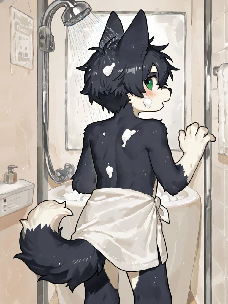 ((nsfw)) Solo, A cute anthro grey fox male, male, all grey furry body, male, (cute snout:1.2) full body, black nose, ((by hyattlen, by fumiko, by claweddrip)), 4 toes, simple green eyes with black iris, short light grey hair, highly detailed, fluffy tail, fluffy purple tipped ears, soft and warm chest, tired expression, toned body, showering, gym shower, penis erected , cute erection, genitals, cum dripping from tip of cock, cum, wet hair, tight asshole, plump ass, wet body, wet glossy ass, glossy, rear view, profile , sweating, not looking at viewer, mouth slightly open, tongue slightly out, tongue, well drawn hands, good anatomy, only one shower head, facing away, short hair,