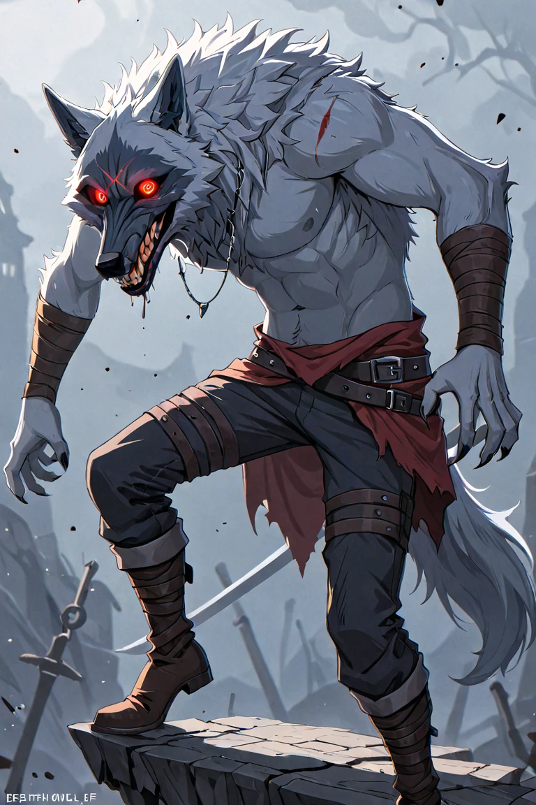 male, (deathwolf):1.3, red eyes, black sclera, solo, long nose, standing, cloak, hooded cloak, hood, melee weapon, sickle, masterpiece, best quality, by Pino Daeni, muscular, fluffy, front view, arm wraps, leg wraps, smile, happy, night, moon, black mark on face, blood, red glowing background, horrorcore <lora:deathwolf-v2-novelai:1>