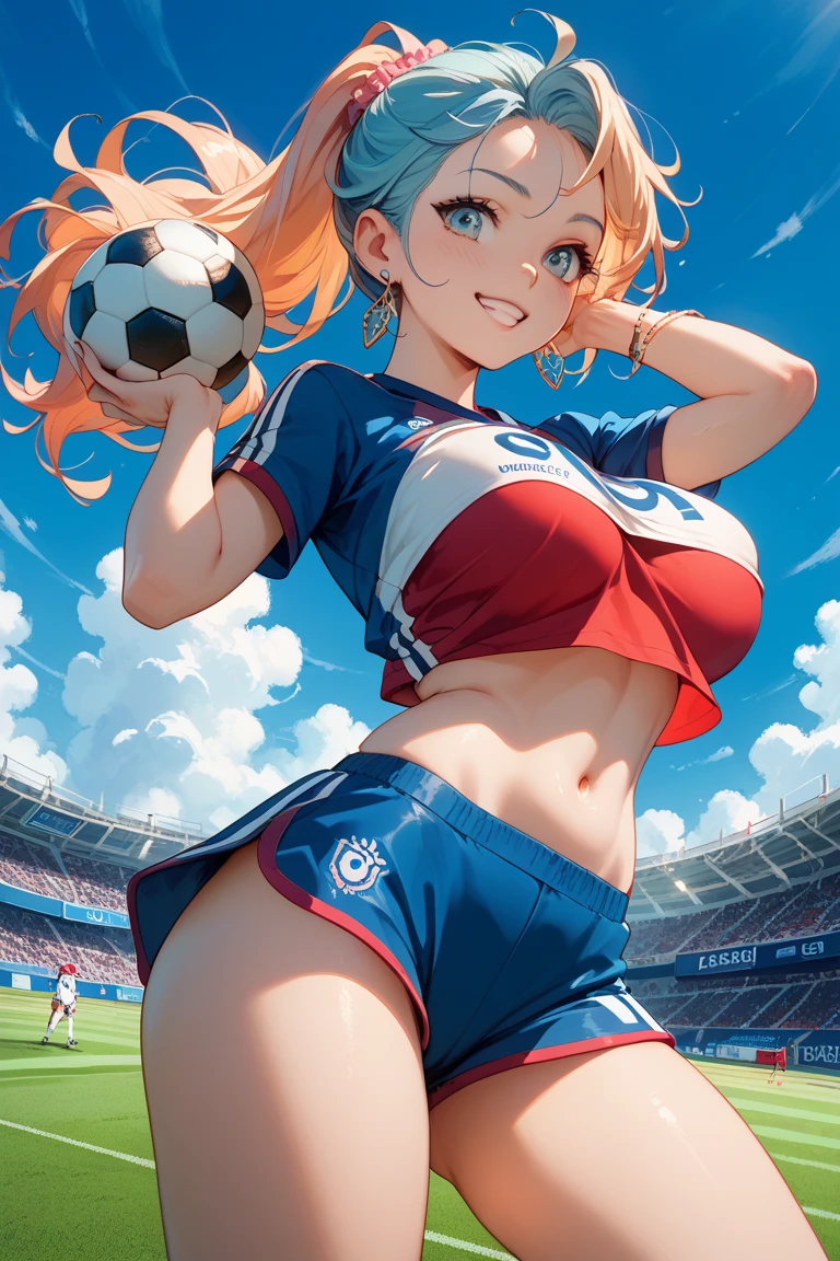 (((Tabletop))), (((highest quality))), (((Ultra Detailed Art))), (((High resolution))), ((Ultra-thin illustration)), ((The ultimate cuteness)), Beautiful face in every detail, Shiny Hair, (Gal), ((Medium chest)), ((Pot-bellied)), (((alone))), (((Female goalkeeper))), ((Wicked Smile)), ((Grin)), (blush),
break, (((Hold a beautiful spherical 7-inch football in your arms))),
break, (((Bloomers))), (goalkeeper uniform), 長袖goalkeeper uniform, (Knee pads), (Elbow pads), (Goalkeeper Gloves), ((Sweat)), ((Sweatまみれ)), (shortness of breath), On the football court, At the Stadium, Lighting, Look at the viewers、Camel Toe、Giant tit、Nipple Puffs、Cleavage、Plump、Super big breasts、Super big butt、Super Save