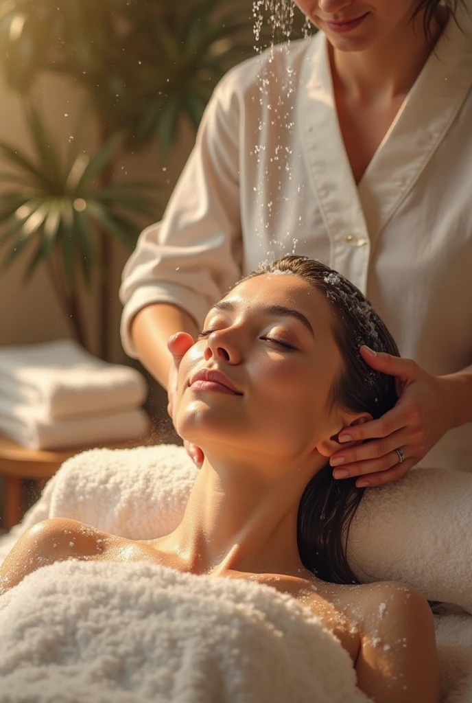 beautiful woman getting massaged with a towel on her in a mall