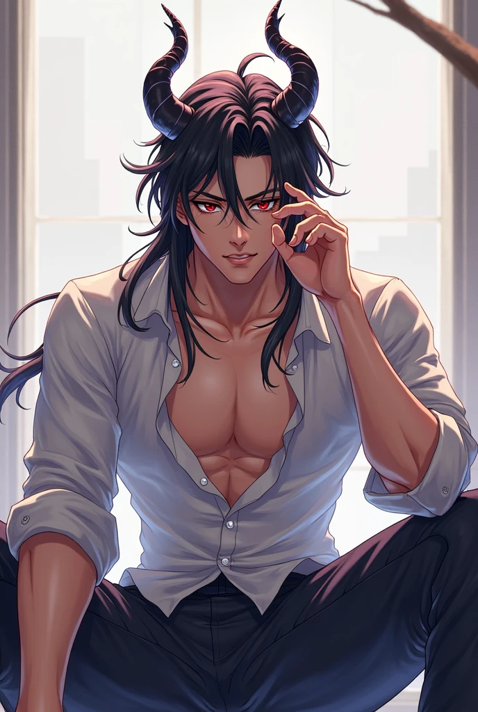 (absurdres, highres, ultra detailed), 1 male, adult, handsome, tall muscular guy, broad shoulders, finely detailed eyes and detailed face, black very long hair, red eyes, handsome, fantasy, gothic, wolf ears, wolf tail, Sunlight, Fantastic light and shadow, Scenery, portrait, vampire fangs, closed mouth, sexy, attractive, full body, tongle, no clothes, no shirt,, Dog Collar, bangs, cute face, sitting on the couch, black leather pants, no shirt