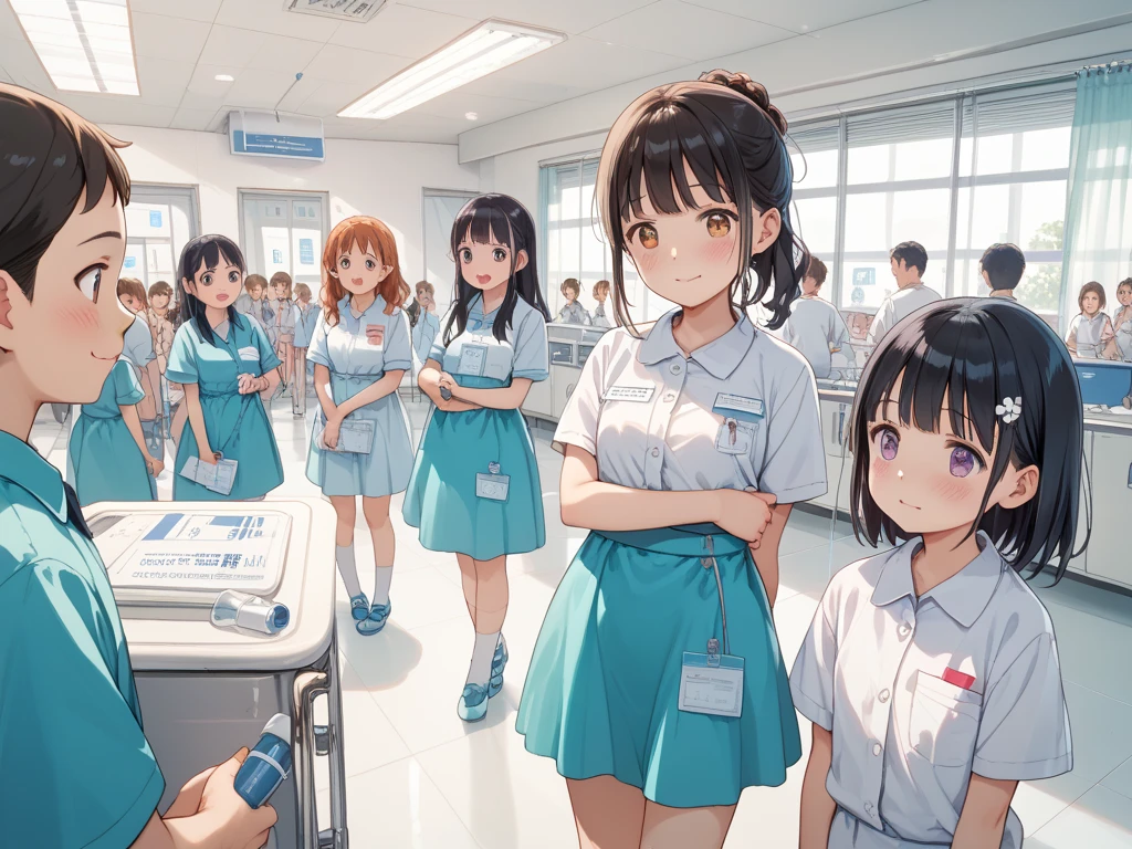 ((Highest quality)), ((masterpiece)), (detailed),Perfect Face,Strong light from the front,With front light,A group of nurses sitting on a hospital bed wearing only their nurse uniform tops and bare lower bodies with their legs spread apart, no panties or bras,