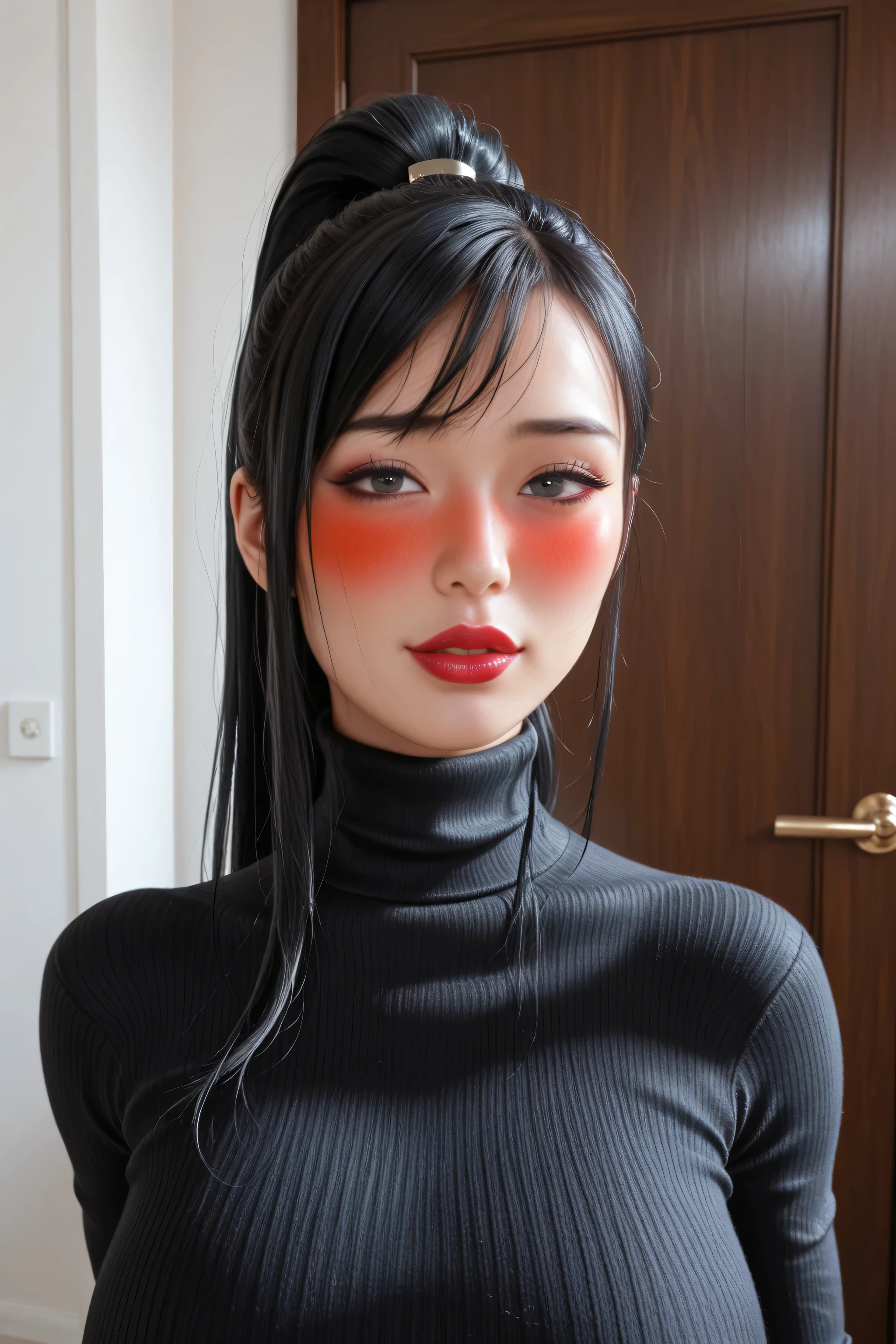 score_9, score_8_up, beautiful__asian solo girl, (darkredlipstick) apartment door, very nervous_drunk, facing viewer, very tight black sweater, (shoulder length black hair ponytail), large breasts, , , toned body, red fingernails, widehips, full lips, long eyelahses, blushing