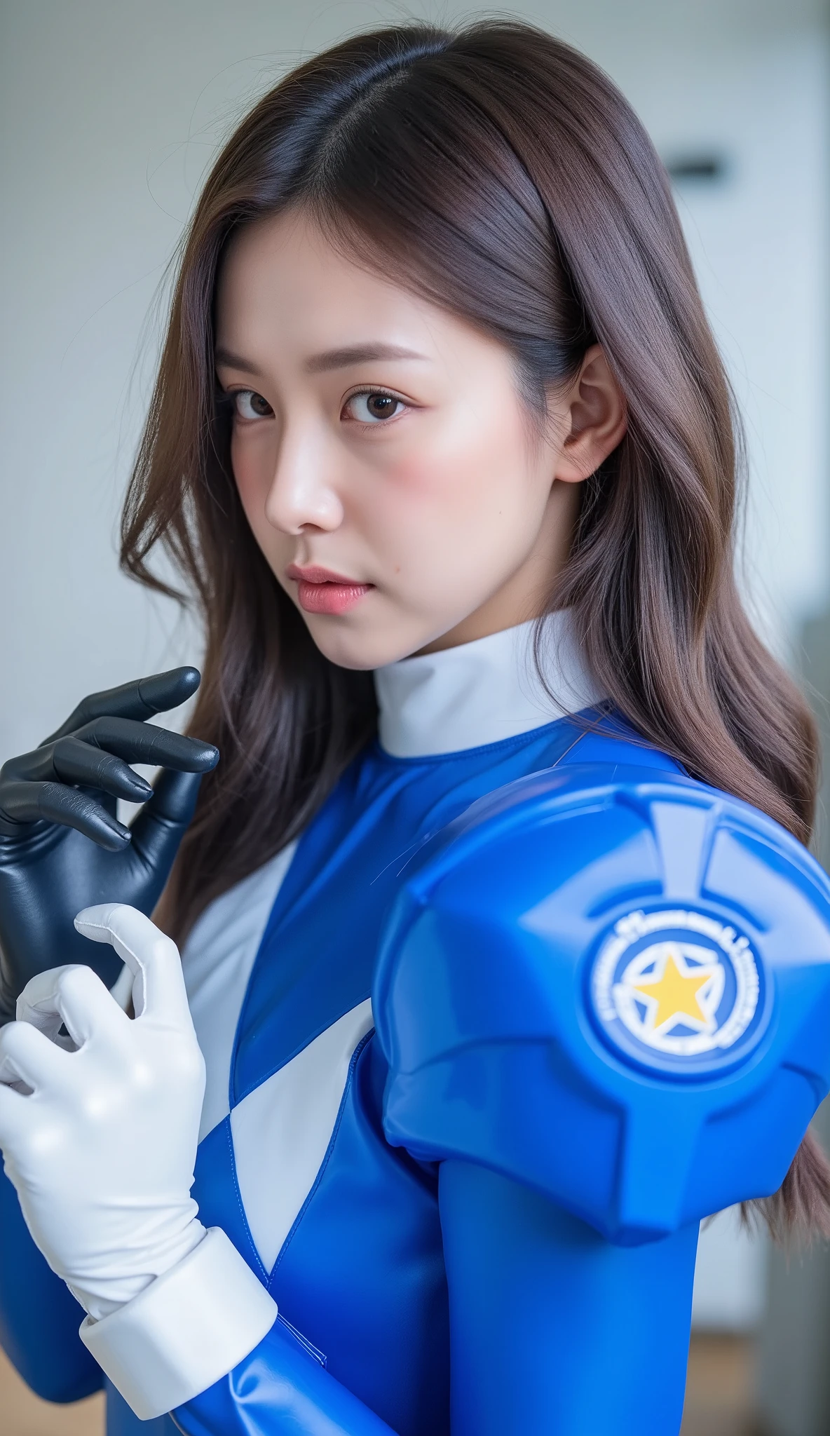 Solo, 8k, photoshoot, perfect body, perfect skin, slim body, flawless, glowing skin, beautiful face, natural makeup, super realistic, High Resolution, Masterpiece, Anatomically Correct, Best Quality, High Details, HD, High Quality, Super Detailed, 19 years old girl with power ranger blue costume, inspired by Choi buk, blue and white colour suit, white black gloves, high detailed, super detailed, movie version,anime cosplay style、
big breasts、10-life、Slim body、Naughty face
