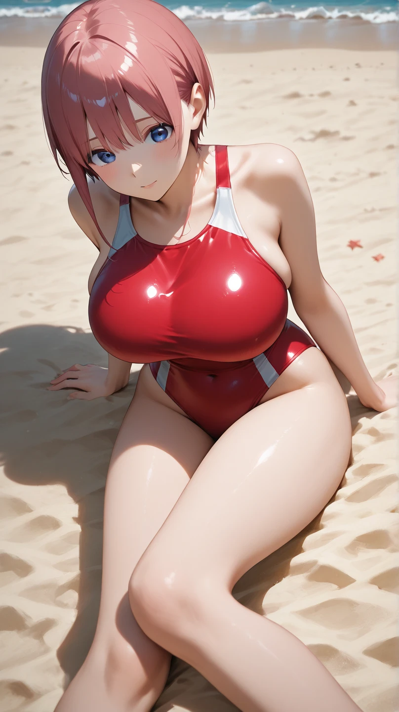 creates an anime girl lying on the beach with a red swimsuit, 25 years old with wide hips and big breasts with blue hair and brown eyes with a famous beach background