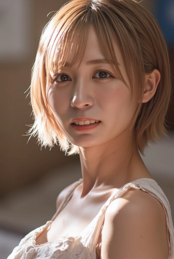 One girl, one girl, one person, japanese girl, mischievous smile, devilish smile, grinning smile, Japanese girl, 20 year old girl, beautiful, pretty face, cute face, mischievous expression, tank top, tank top, blonde hair, large breast