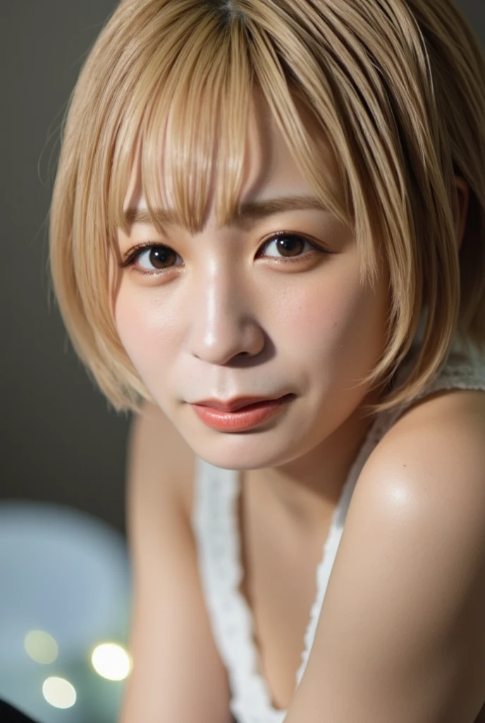 (Realistic:1.3、Ultra HD、Ultra-high resolution、8K、Female Japanese Housewife、寝室でBlowjobチオをするMature Woman:1.5、At the bed)、((Look Viewer:1.8))、(Extremely realistic skin texture:1.4)、(Realistic:1.3)、short hair、((Embarrassed expression:1.5))、(blonde:1.5)、48-year-old woman、Mature Woman、Ponytail Hairstyles、(Brown eyes:1.3)、(Face close-up:1.38)、(Sweaty:1.2)、(Nipplesを見せる)、((衣服から突き出たNipples,))、dress、美しいNipples、Nipples、(Shooting from the side:1.1)、Drooling、((Blowjobチオ:1.6、Blowjob、Cum in mouth、Bukkake))