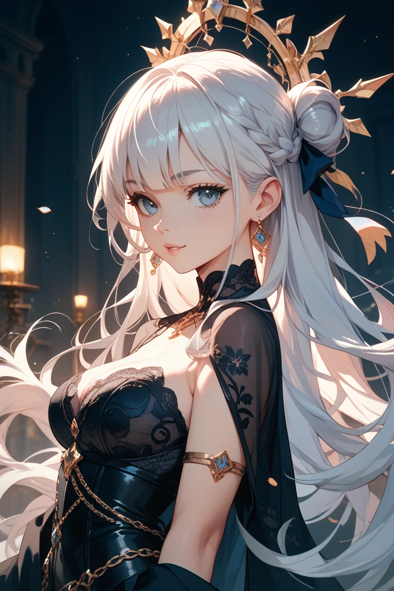High resolution, 4K, Masterpiece, Best night, full moon, One beautiful woman, Mature Woman, Cold Face, Expressionless, (Beautifully detailed face), 　　　　　silvery white, Long Hair, Pale pink lips, calm, intellectual, Three Belts, Grey Eyes, assassin, Flowers,
