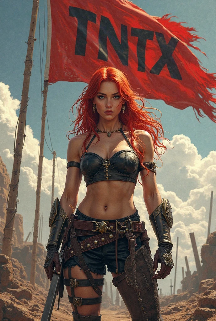 A fierce pretty girl with fiery red hair, adorned in tribal face paint, standing atop a mountain peak with a storm brewing in the background. Rendered in a bold, abstract style.

