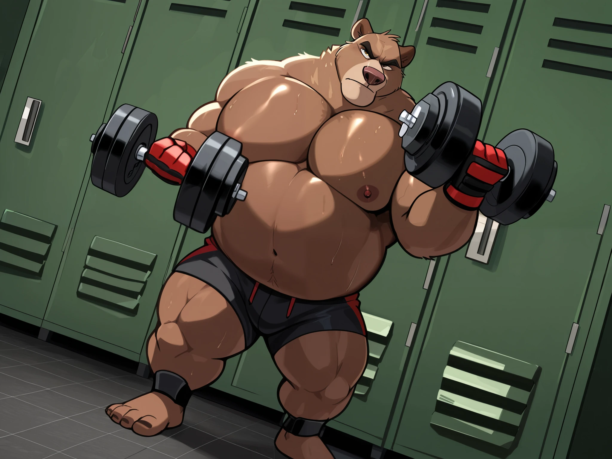 Solo, 1boy, Muscular Old, angry, focus, look at viewer, wide shoulder, pectoral, thick arms, huge pectoral, wide pectoral, height: 220cm, weight: 440lbs, a Kodiak brown bear in a black MMA shorts with red slits, wearing an MMA gloves with red knuckle pads and an ankle support brace as he workouts in the locker room, dumbbells, Walt Disney 2D Zootopia Animation Art Style,