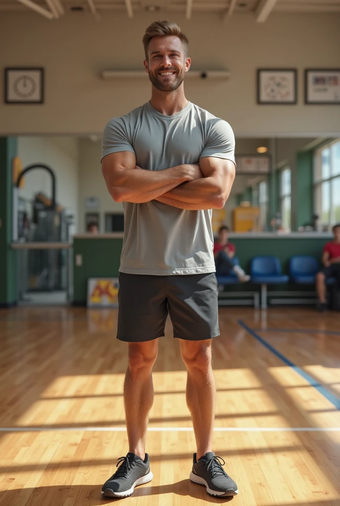 A muscular human pose standing on a ball and crossing his arms in a cool pose.