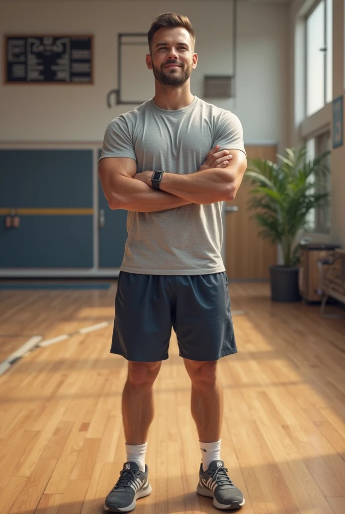 A muscular man pose standing on a ball and crossing his arms.
