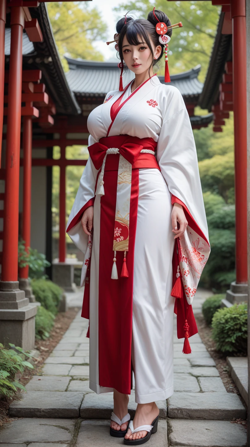 Masterpiece, highlydetailed, Hyperrealistic, HD fullbodyshot of beautiful geisha female with white bob-cut, hair-bun, hairpins, wearing a falloff shoulders yakuta with tiger's pattern showing clivage, holding Japanese umbrella on shoulder, wearing high geisha footwear, perfect face features with seductive serious look, expressive glowing red eyes, perfect body shape, curvy, big, thick and muscular body shape , red oni horns