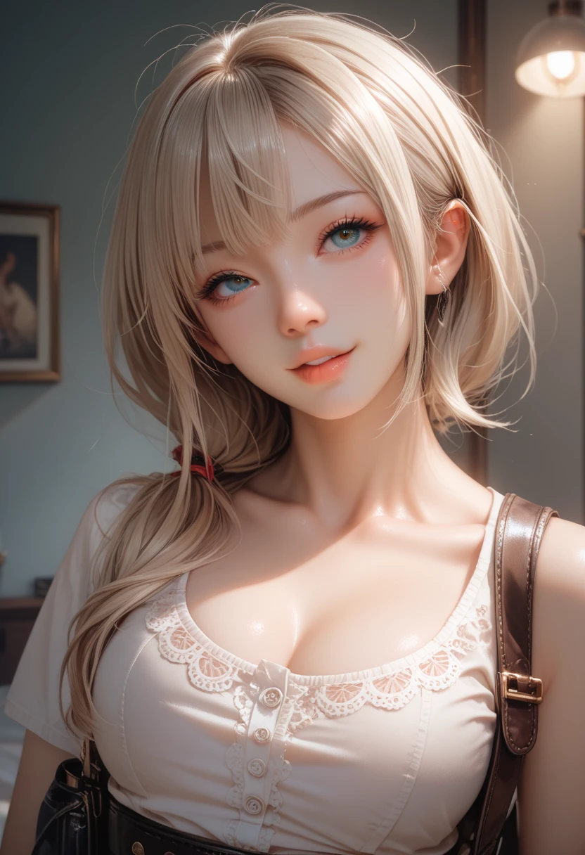 (Mastepiece:1.3), It is high resolution., Super detailed, Highly Detailed CG Unity 8k Wallpaper, Realism, photo-Realism, Raw photo, Beautiful detailed face, Light skin, Realism glistening skin, Detailed cloth texture, Detailed hair texture, Perfect Body, Beautiful face, correct, Anatomically correct, Highly detailed face and skin texture, Natural neck length, (Beautiful hands and airy skin:1.2), Slim legs, Slim legs, BREAK, Detailed eyes, Symmetrical eyes, Light brown eyes, Double eyelids, Thin eyebrows, (Glossy lips:1.4), ((Smiling Kindly, Waiting for a kiss:1.2)), (blush:1.1), BREAK, (Classy and cute girl:1.3), Large Breasts, (Slender figure:1.1), Strong abdominal muscles, Beautiful clavicle, (Blonde Hair, Wavy Hair, Long Hair:1.2), ((Asymmetrical bangs:1.2)), BREAK, ((stand in the reception area, A posture of leaning forward:1.1)),Looking at the Viewer
