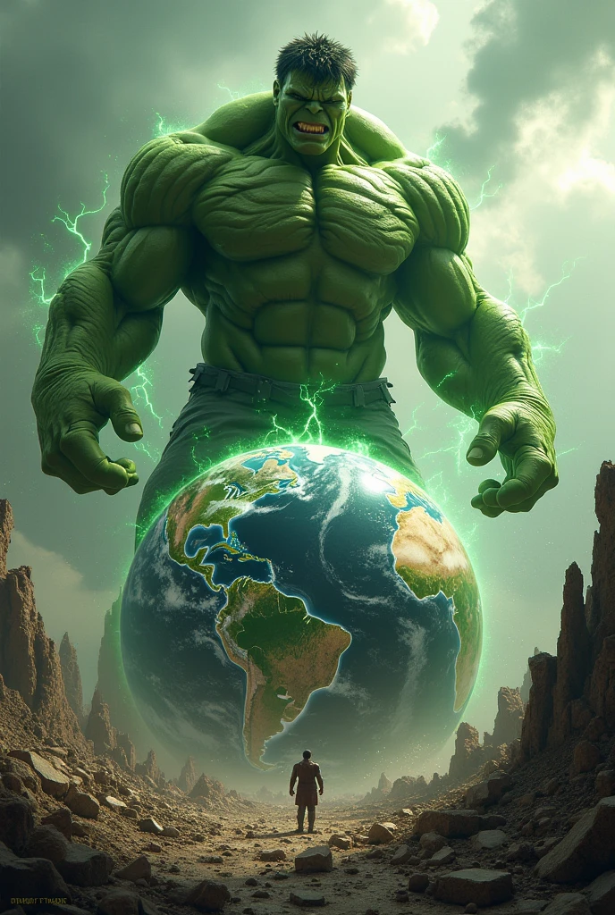 Hulk lifting planet Earth, the planet looks tiny, Hulk is immense compared to the planet, make the planet as small as possible.