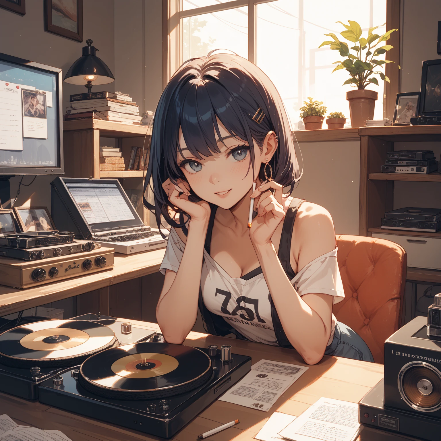 Anime girl, (wearing white headphones:1.4), sitting on a chair, (writing a diary:1.4), holding a pen in her right hand, her left elbow bent with hand slightly raised not holding a pen, short ponytail, black hair, 24 years old, wearing a white fitted and cropped camisole that exposes her midriff and reveals her shoulders and cleavage, (Exposed cleavage:1.3), big breasts G-cup, (revealing skin:1.5), lofi girl anime vibes, lofi artstyle, anime style 4k, anime aesthetic, nightcore, lofi feel, lofi art, anime art wallpaper 4k, anime wallpaper 4k, lofi vibes, surrounded by many potted plants and greenery, creating a soothing green and blue toned space, sitting at a neatly organized desk, a lighted candle on the table, Tokyo view, city view, with a view of a large caldera, sunrise, anime style, cinematic lighting, Sony FE GM, masterpiece, best quality, 4K