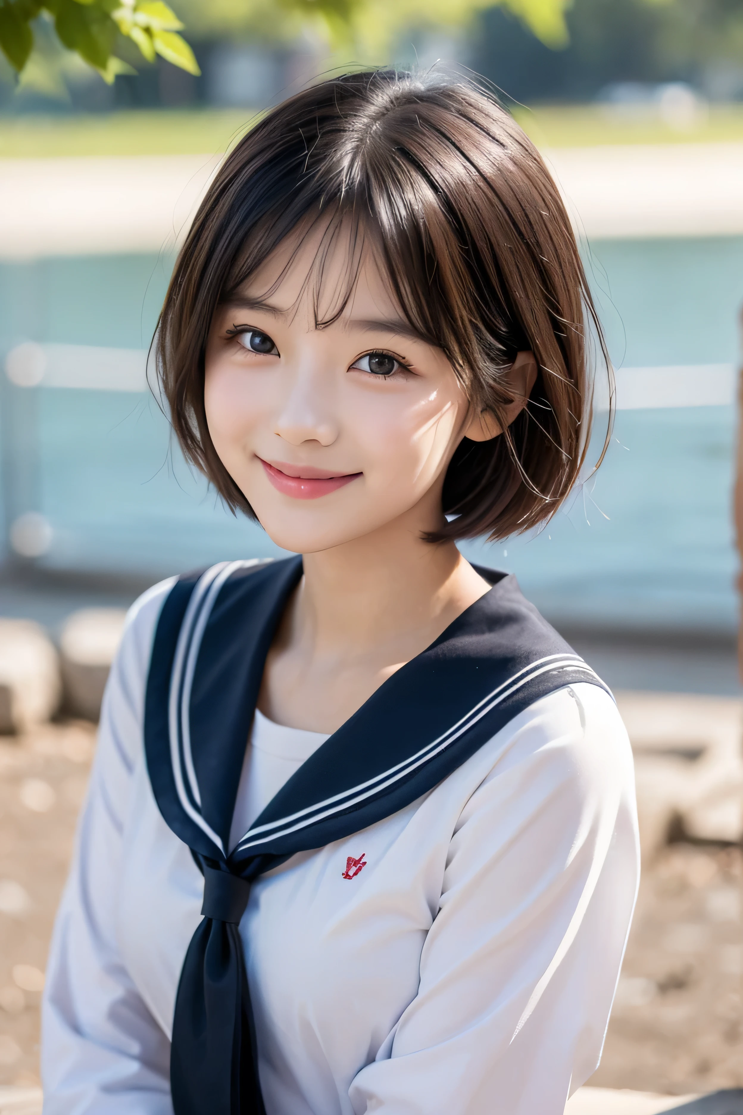 A typical normal elementary school girl、sailor suit、smile、short hair、black hair、precise depiction、Young girl、 hair in Prairie、
