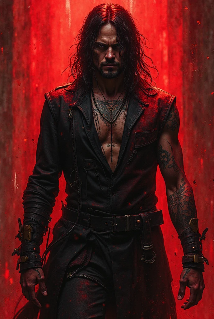 ((best quality)), ((masterpiece)), (detailed), scarred face, muscular arms, chains and barbed wire wrapped around chest, torn clothes, burn scars, red hands, veiny, red eyes, sharp teeth, long black hair, male, large goin bulge, ashes and embers in the air, fire and smoke, darkness, cuts and scars, long tongue, very long tongue,