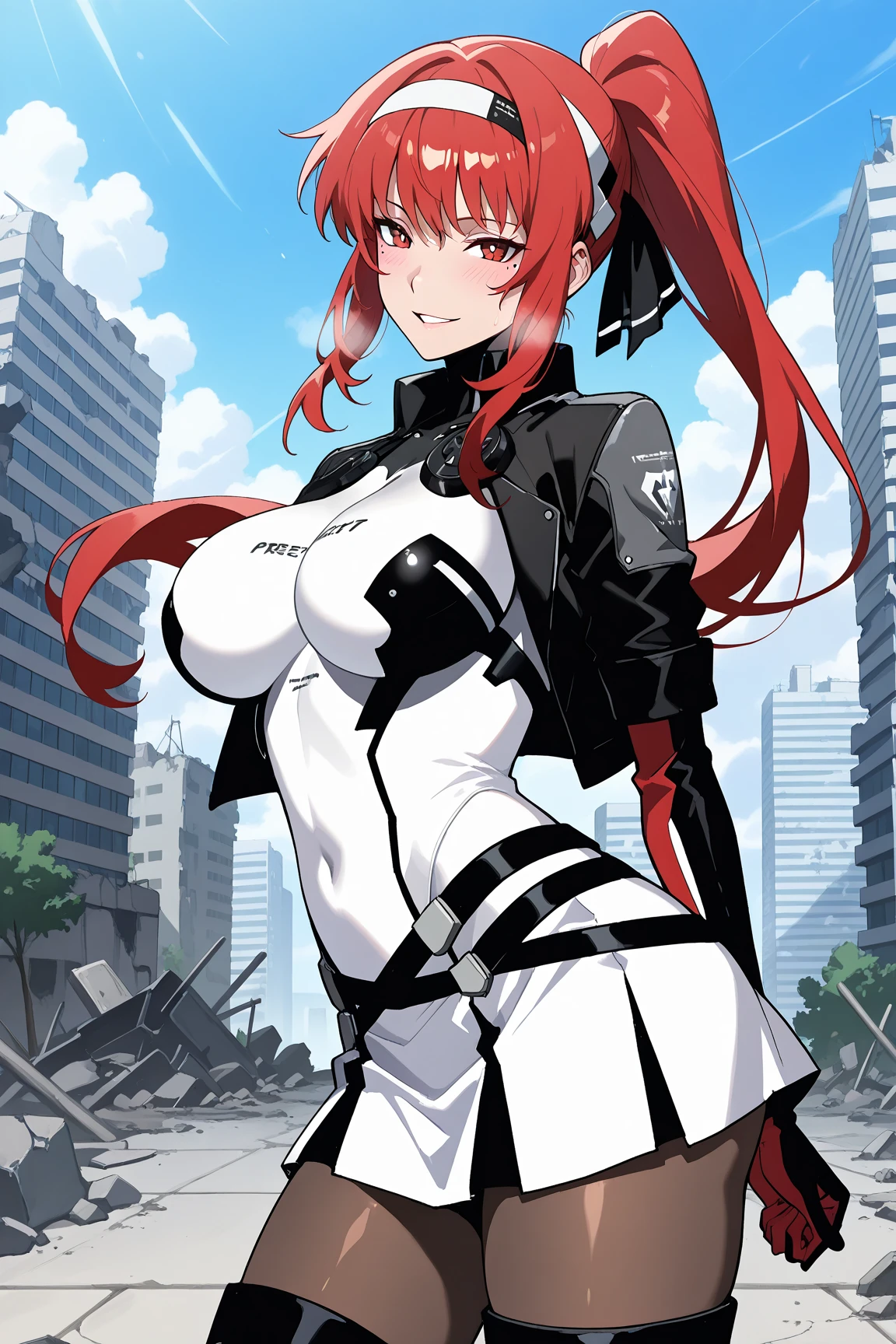 best quality, masterpiece, <lora:VeraPGR:0.7>verapgr_rozen, shoulder armor, white bodysuit, hairband, hair ribbon, mole, evil smile, holding weapon, cowboy shot, gradient background