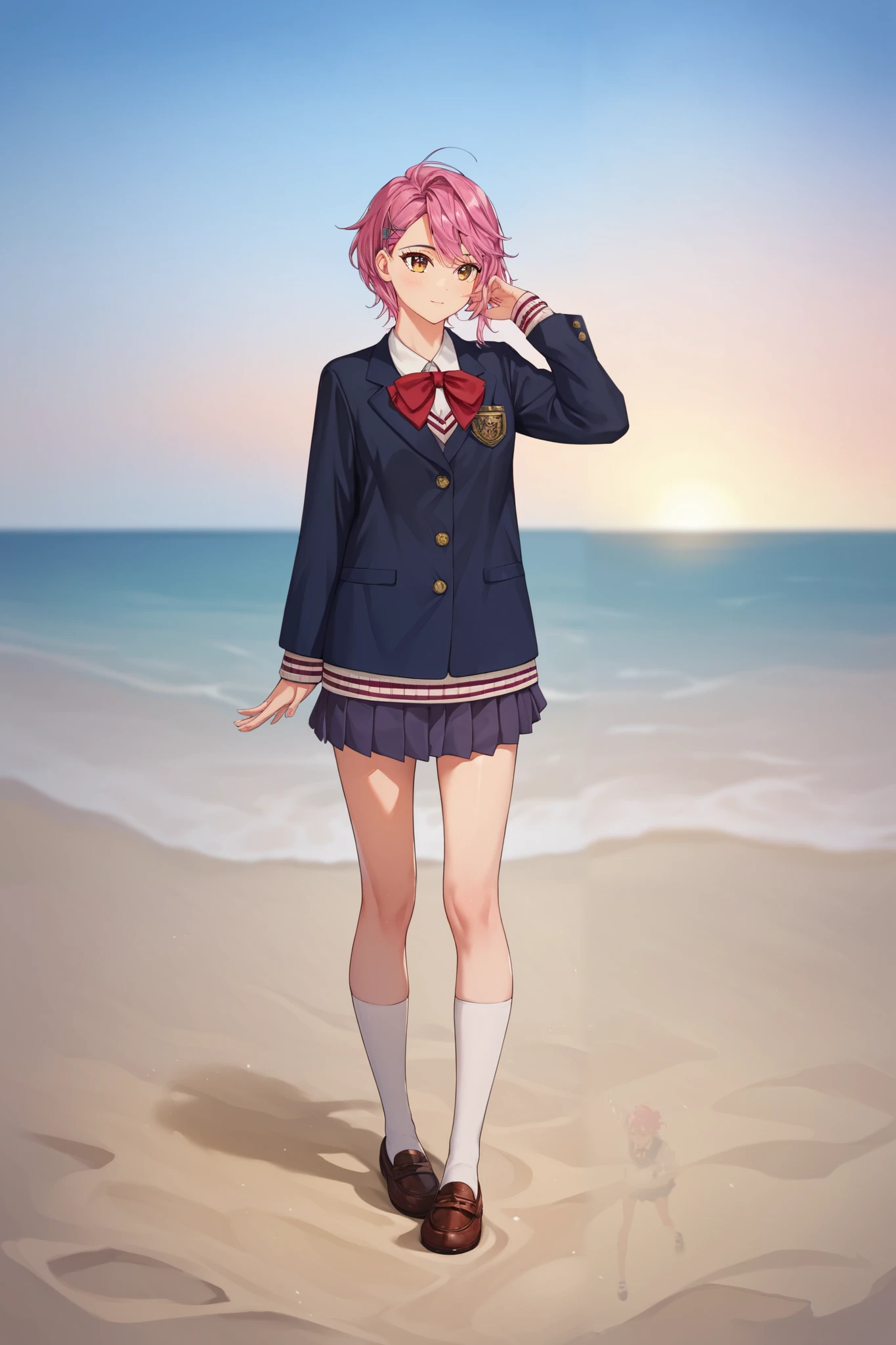 score_9, score_8_up, score_7_up, score_6_up, score_5_up, score_4_up, Shiratori Aira Dandan, short hair, pink hair, brown eyes, school uniform, red ribbon, skirt, sleeve(Up to the wrist ), 1 girl, is standing, alone, watching, masterpiece, high resolution, very detailed face, extremely detailed glowing eyes, Symmetrical High Detail Eyes, full body, foot, strand, sand, sea