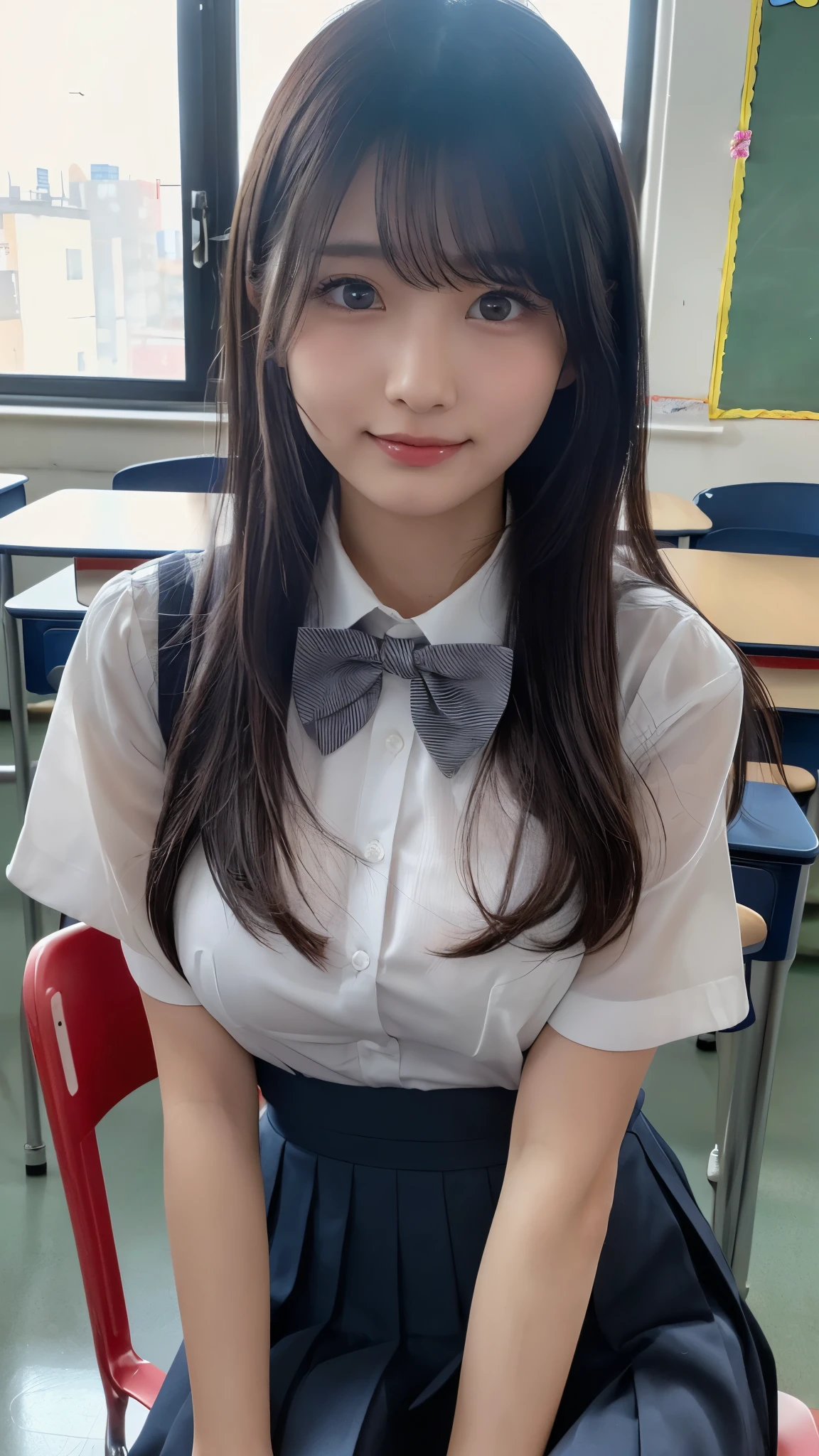 arafed asian girl in a white shirt and blue skirt posing for a picture, a hyperrealistic schoolgirl, jk uniform, jaeyeon nam, wearing japanese school uniform, japanese girl school uniform, japanese school uniform, wearing school uniform, hyperrealistic schoolgirl, cute schoolgirl, wearing a school uniform, slight cute smile, realistic schoolgirl, korean girl